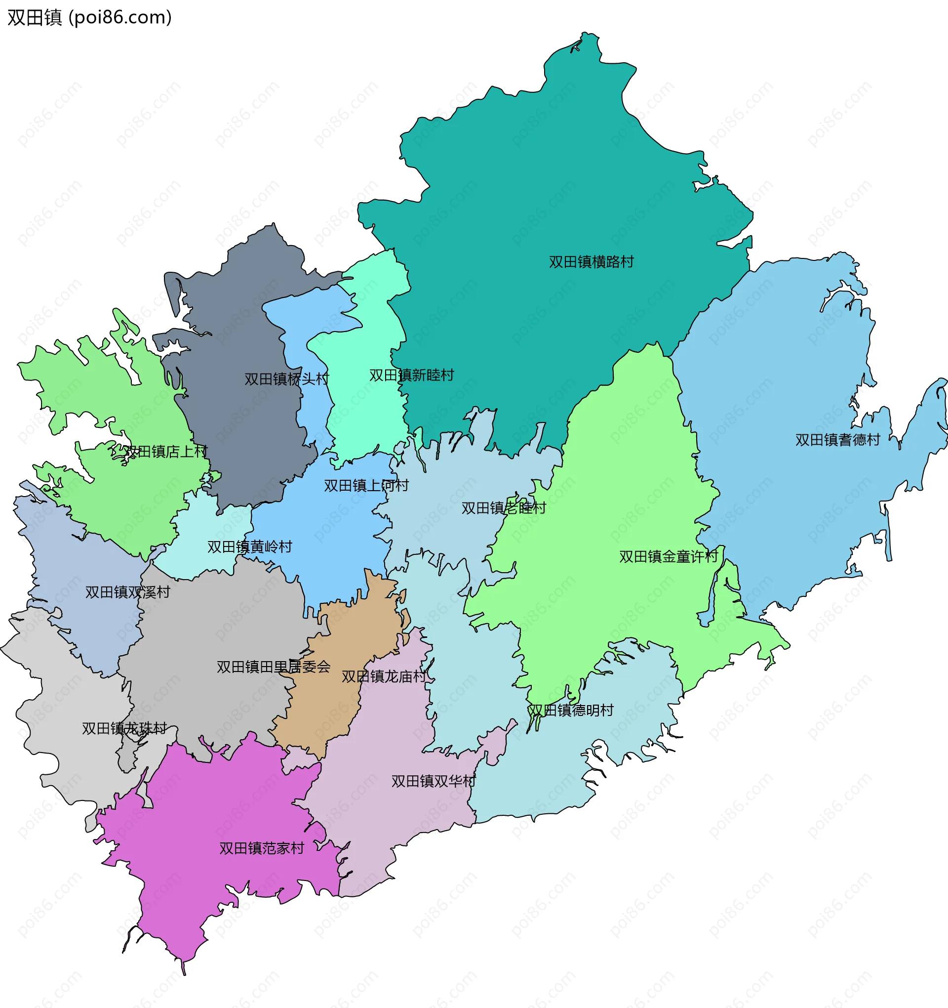 双田镇边界地图(五级行政区划)