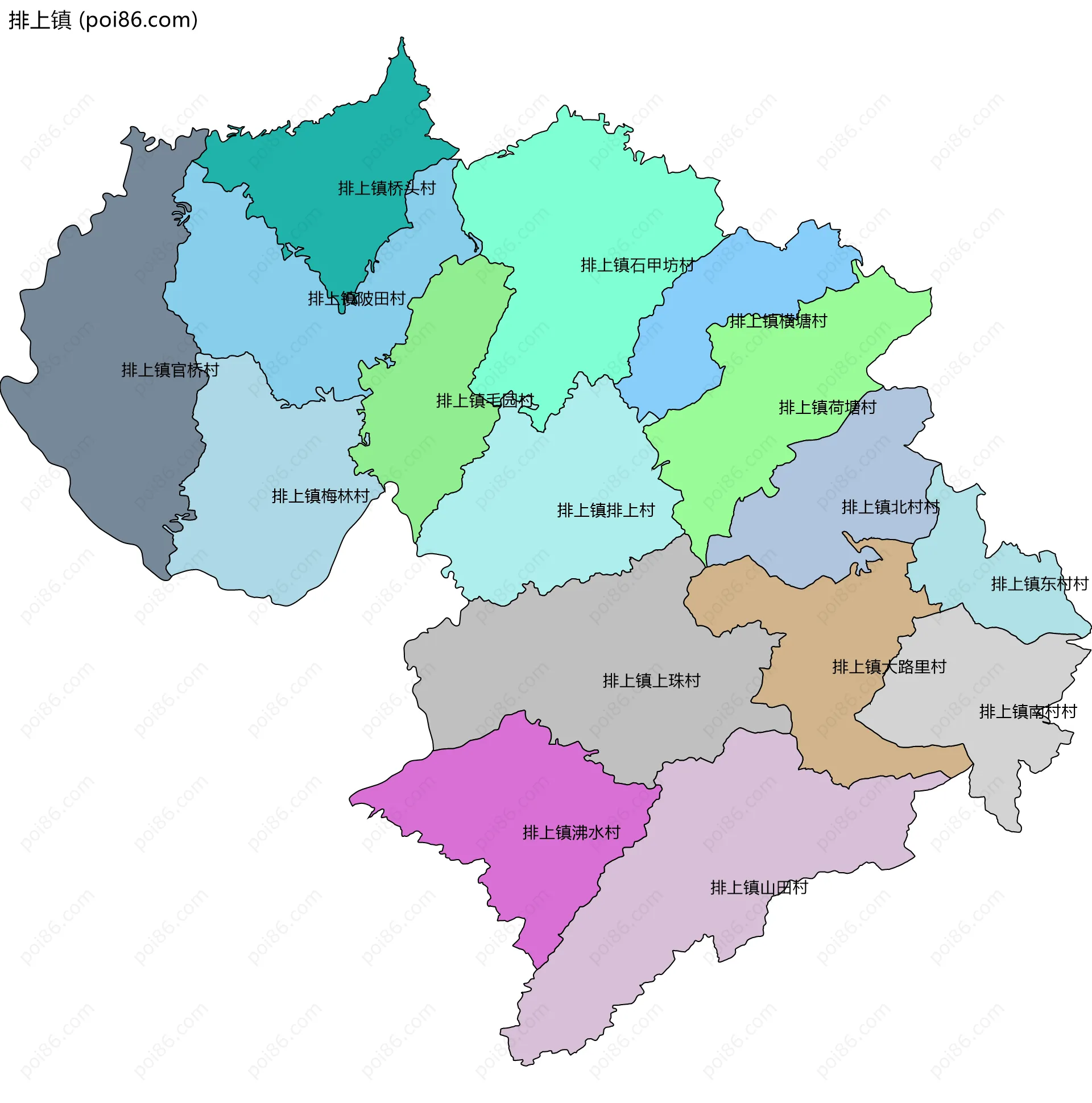 排上镇边界地图(五级行政区划)