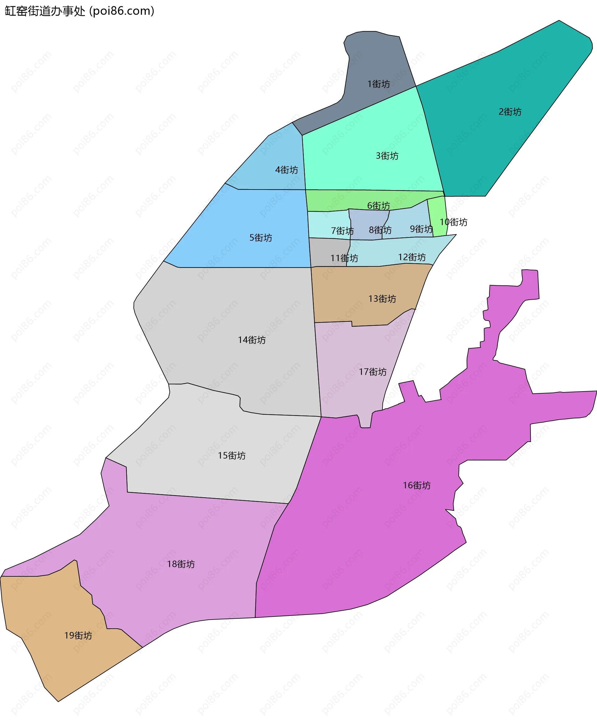 缸窑街道办事处边界地图(五级行政区划)