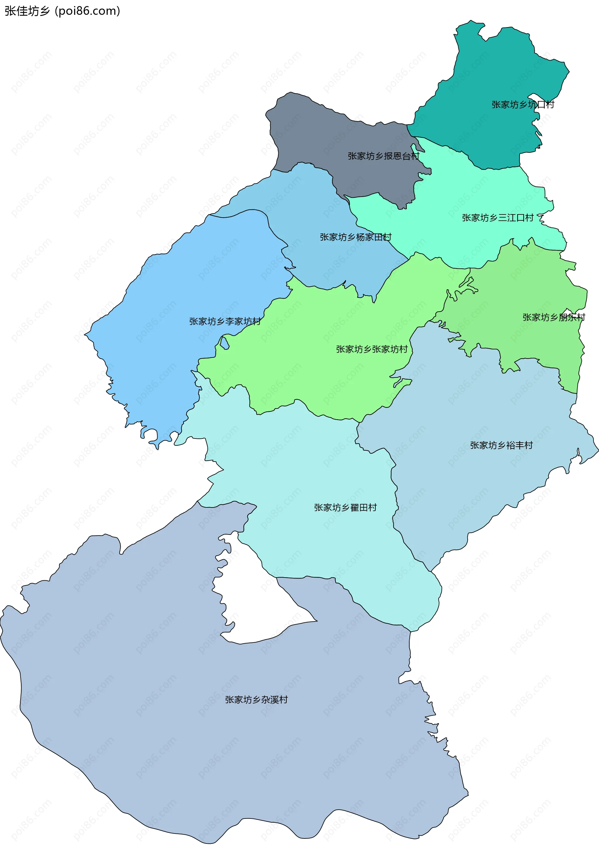 张佳坊乡边界地图(五级行政区划)