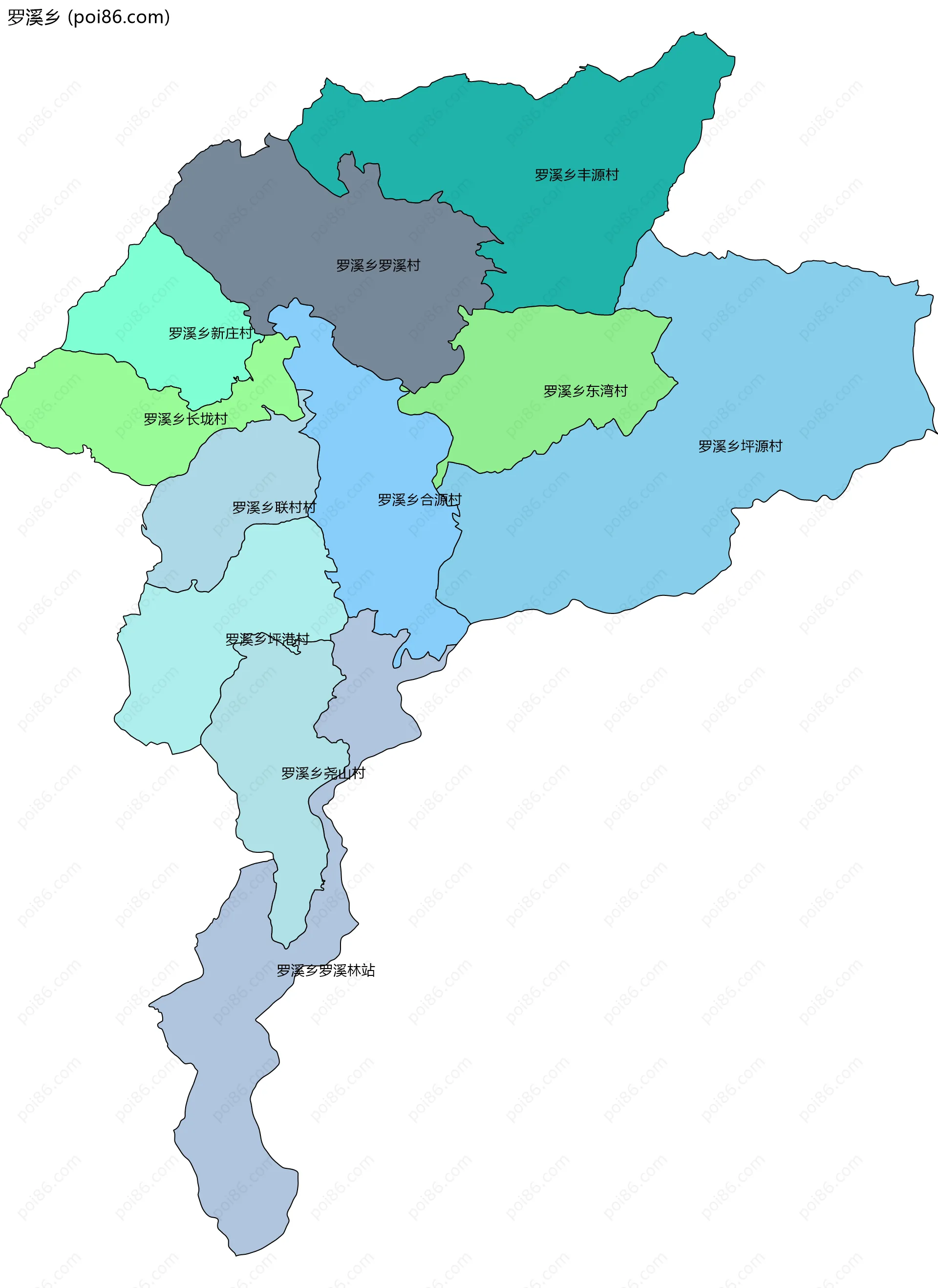 罗溪乡边界地图(五级行政区划)