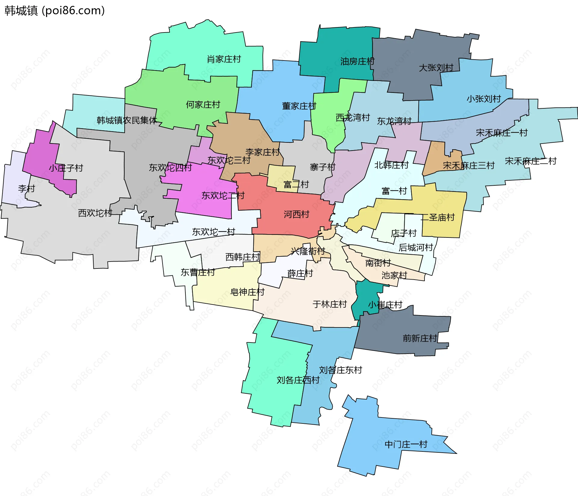 韩城镇边界地图(五级行政区划)