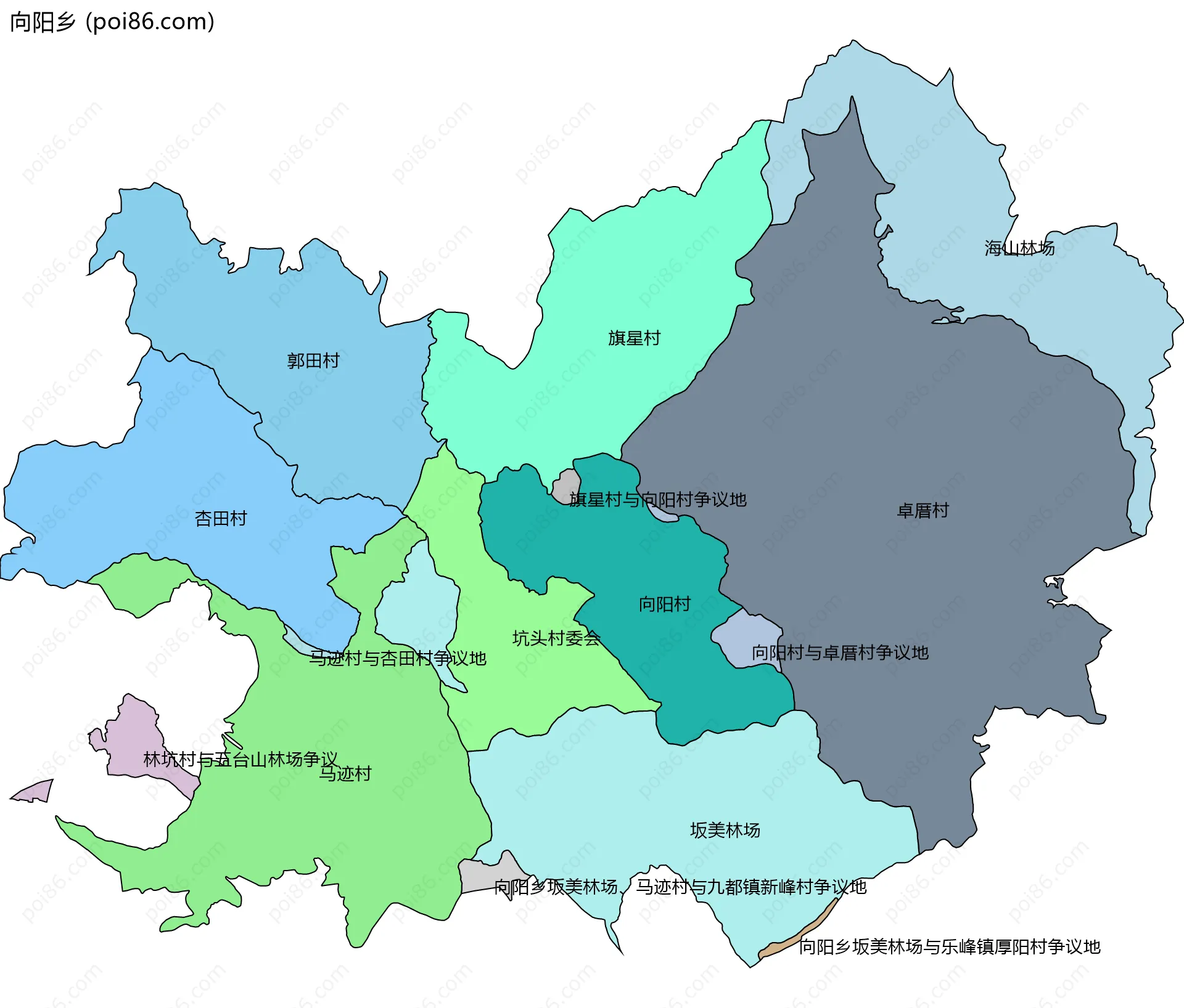 向阳乡边界地图(五级行政区划)