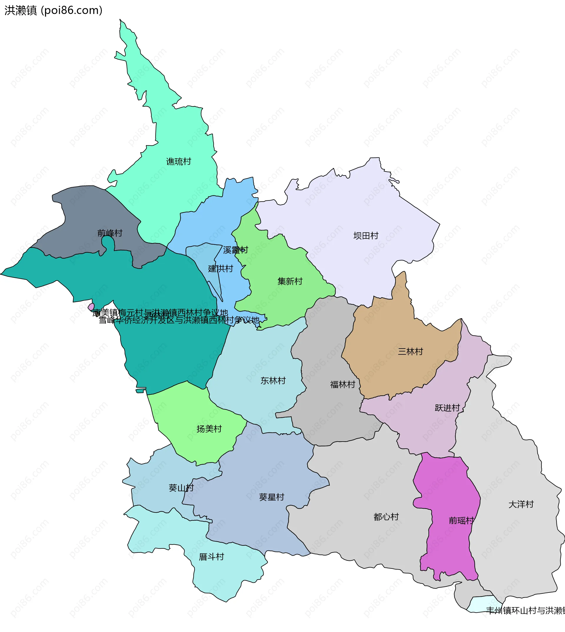 洪濑镇边界地图(五级行政区划)