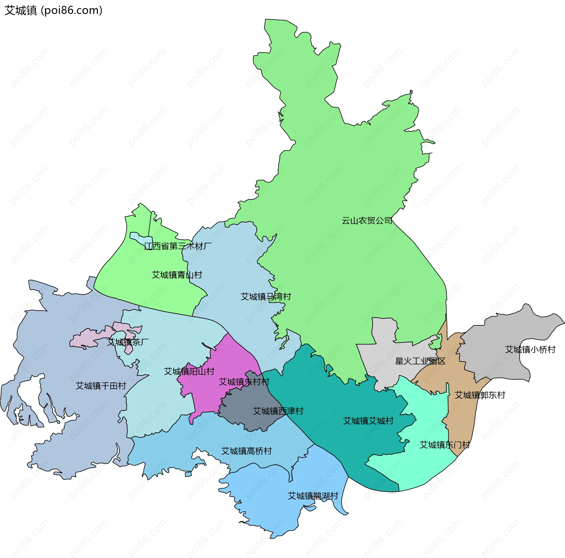 艾城镇边界地图(五级行政区划)