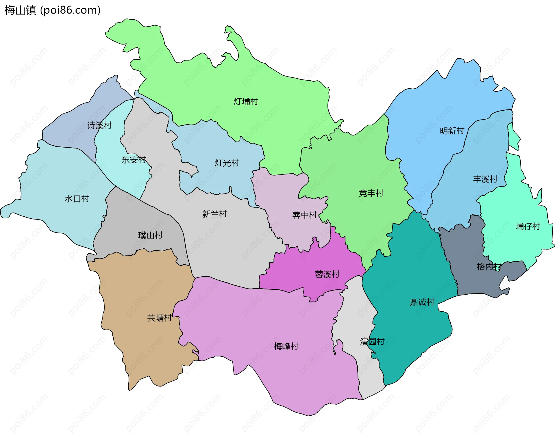 梅山镇边界地图(五级行政区划)