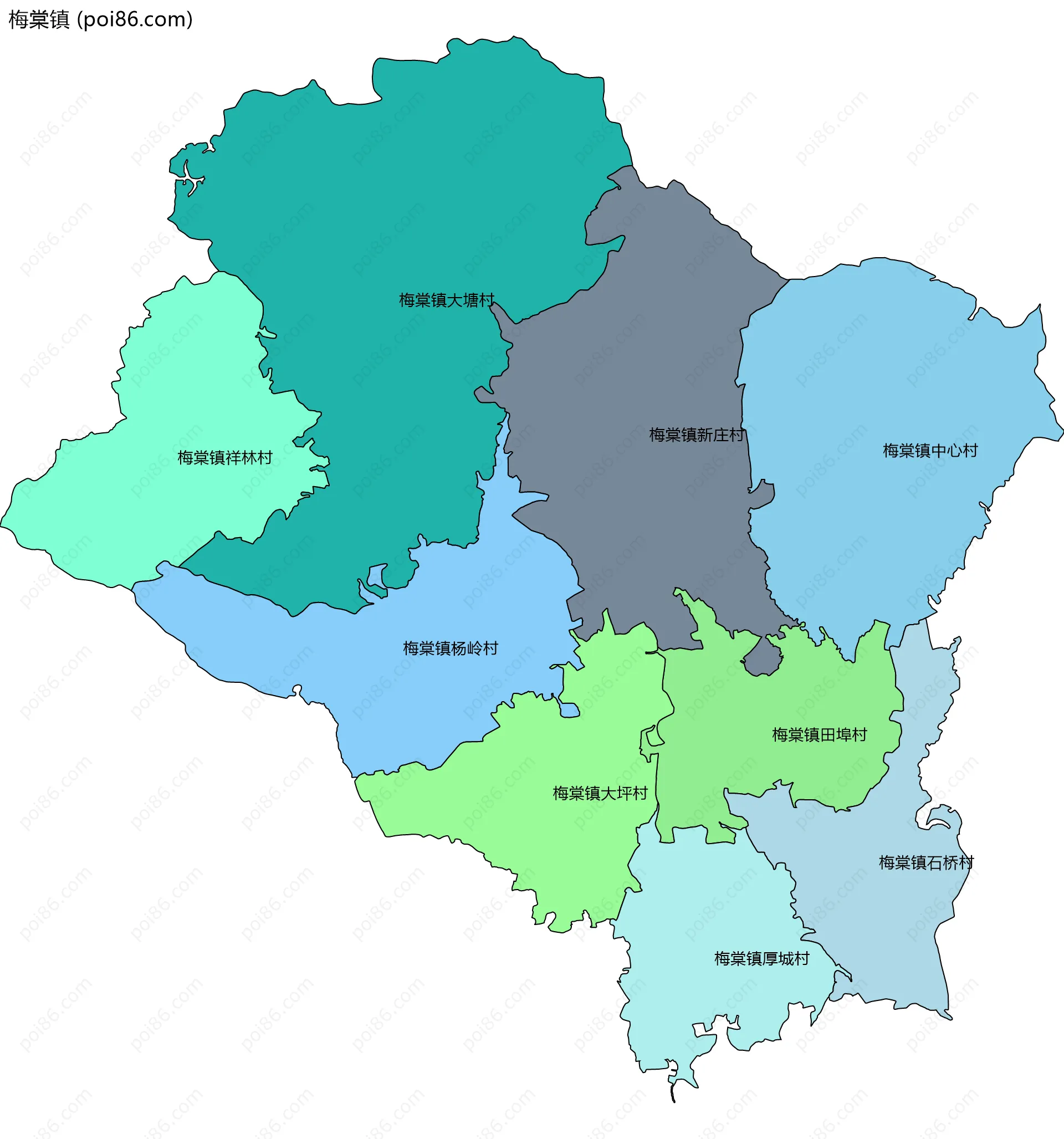 梅棠镇边界地图(五级行政区划)