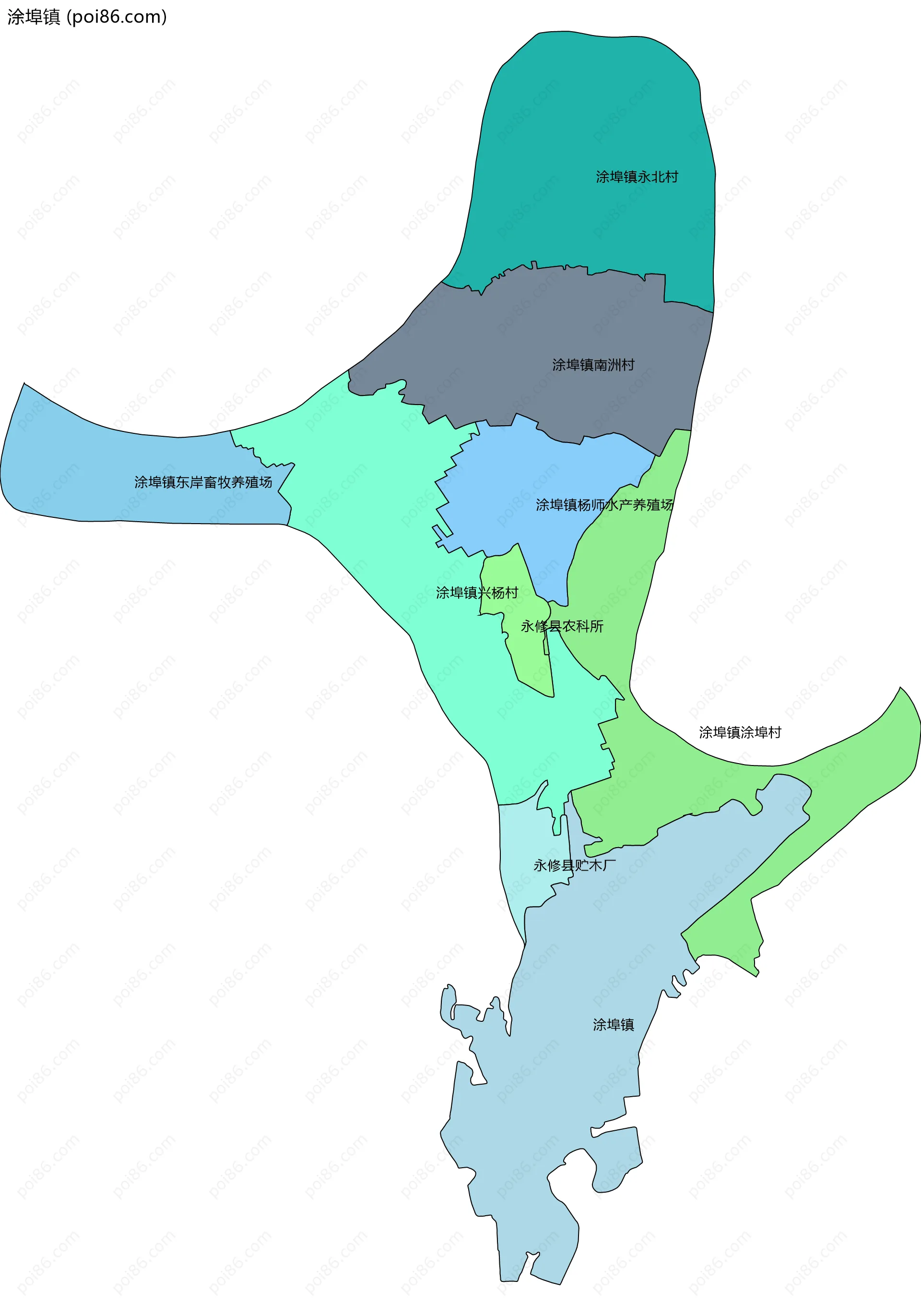 涂埠镇边界地图(五级行政区划)