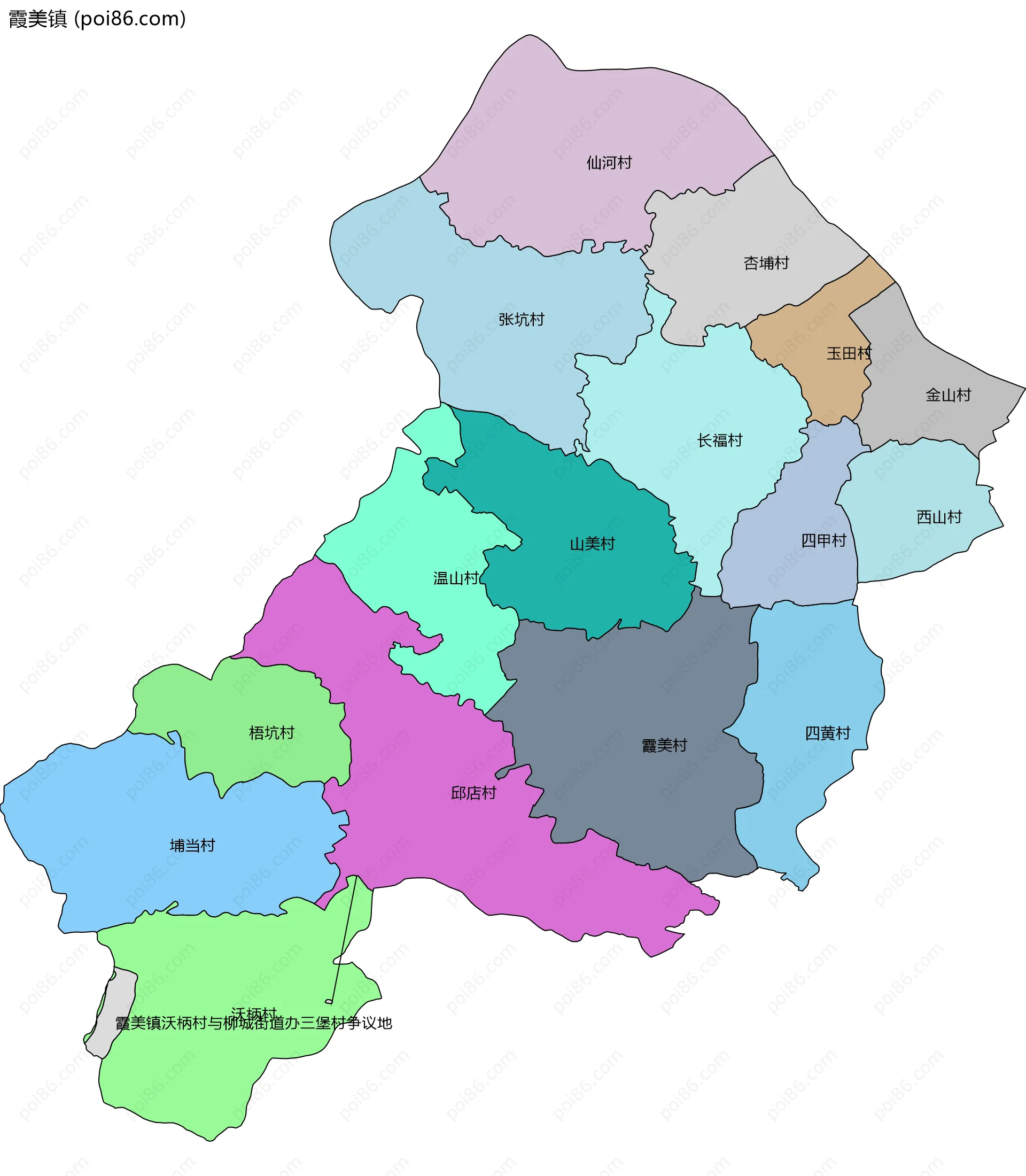 霞美镇边界地图(五级行政区划)