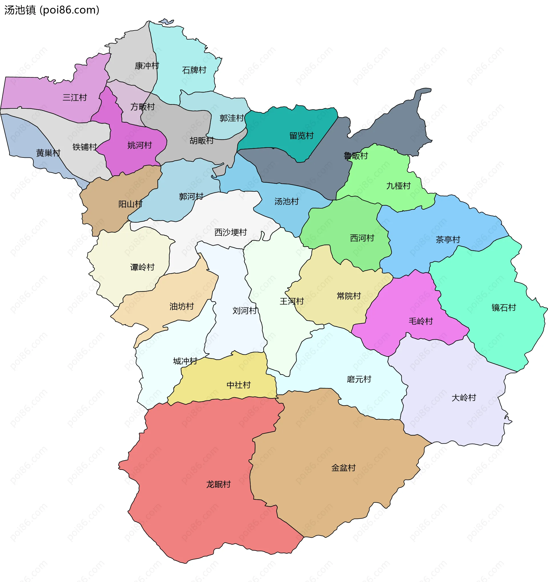汤池镇边界地图(五级行政区划)