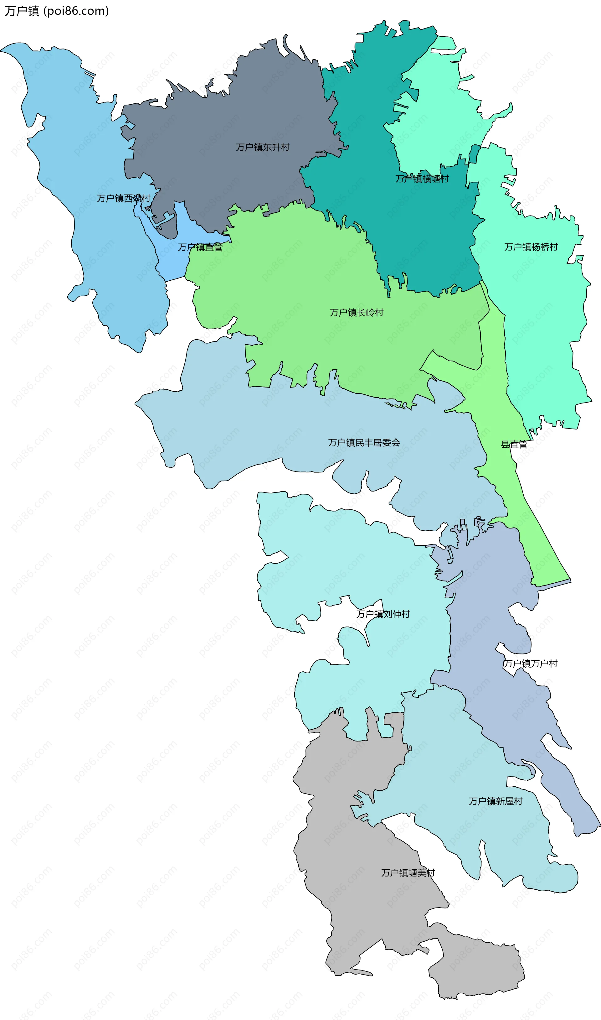 万户镇边界地图(五级行政区划)