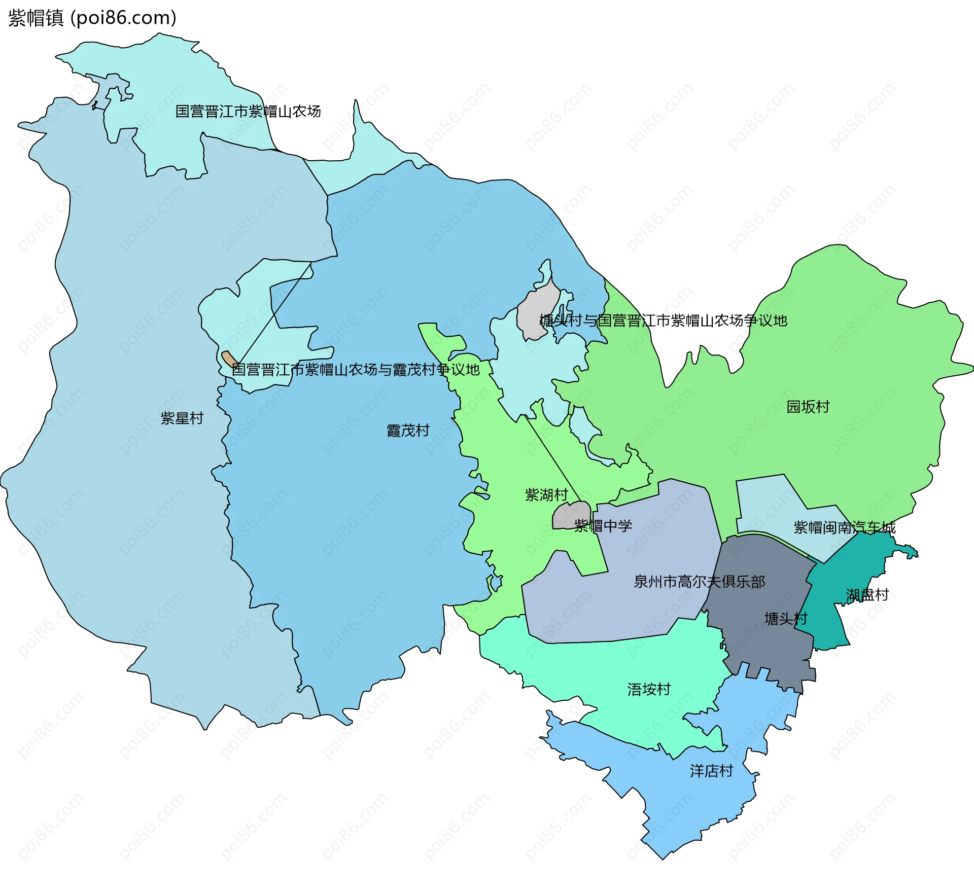 紫帽镇边界地图(五级行政区划)