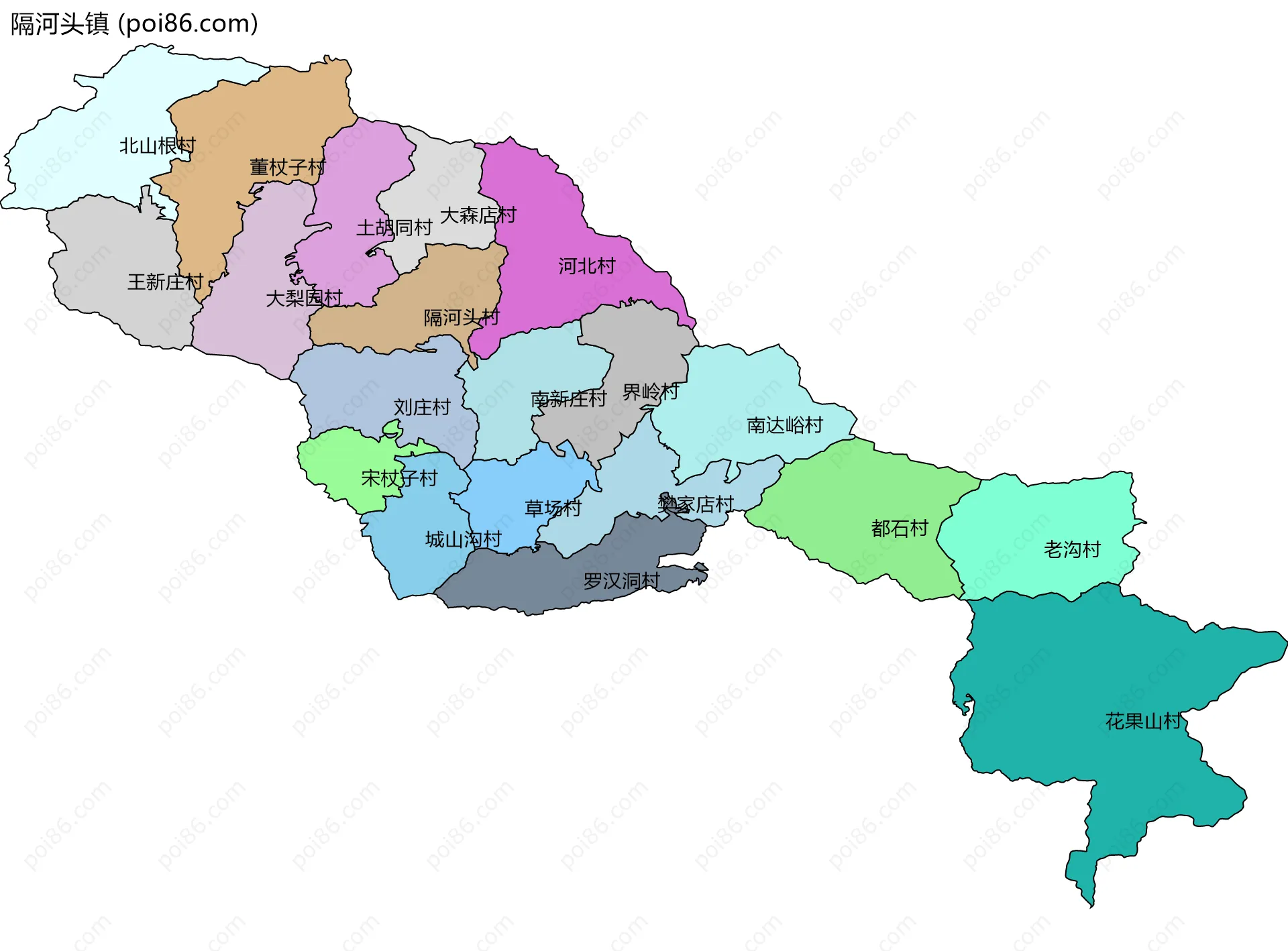 隔河头镇边界地图(五级行政区划)