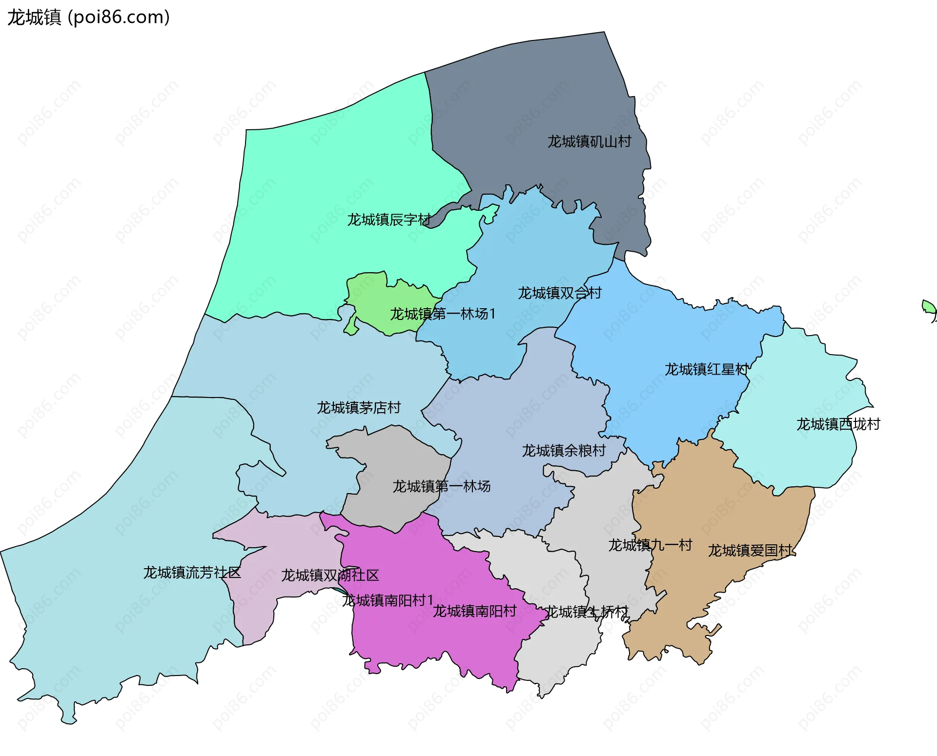 龙城镇边界地图(五级行政区划)