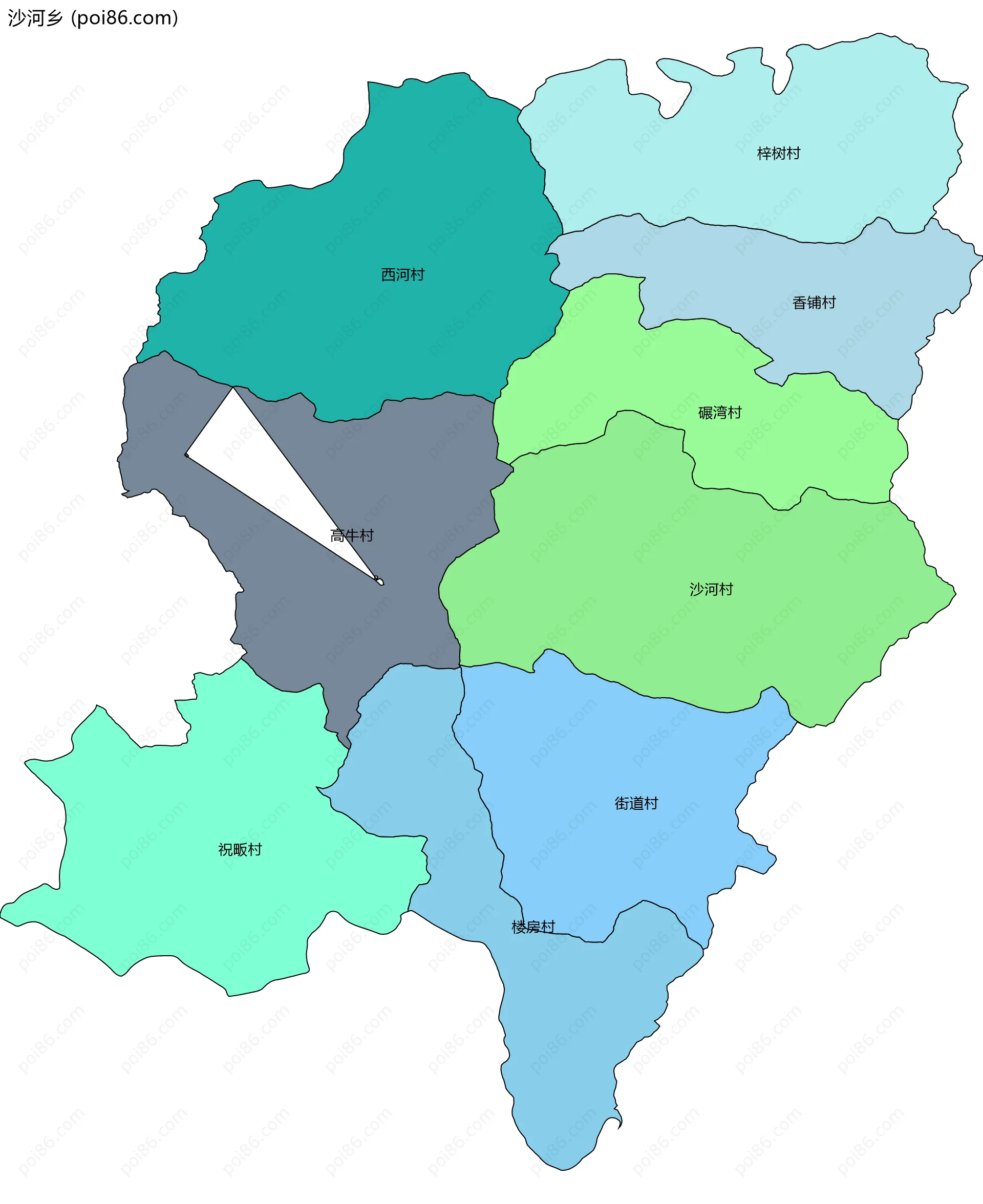 沙河乡边界地图(五级行政区划)