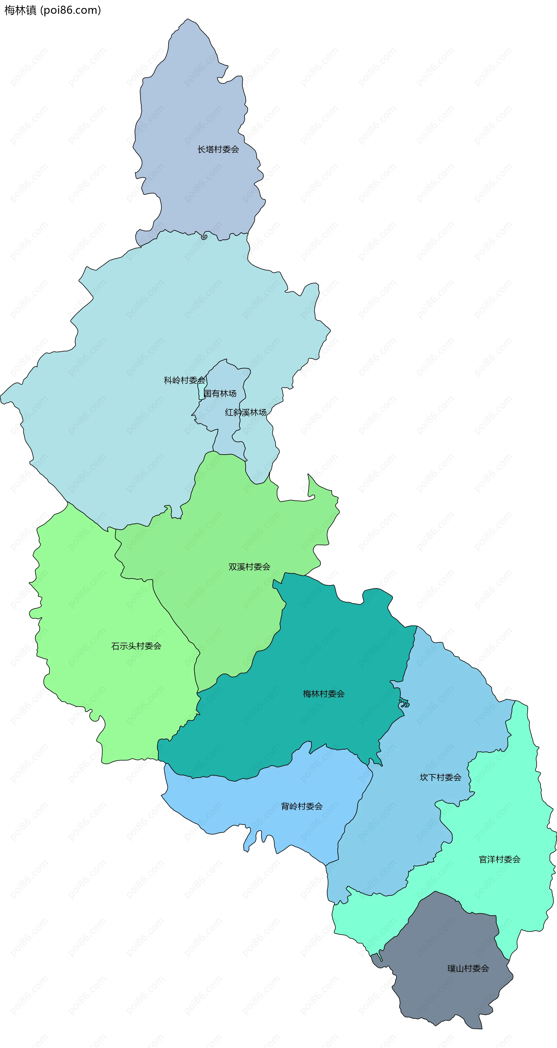 梅林镇边界地图(五级行政区划)