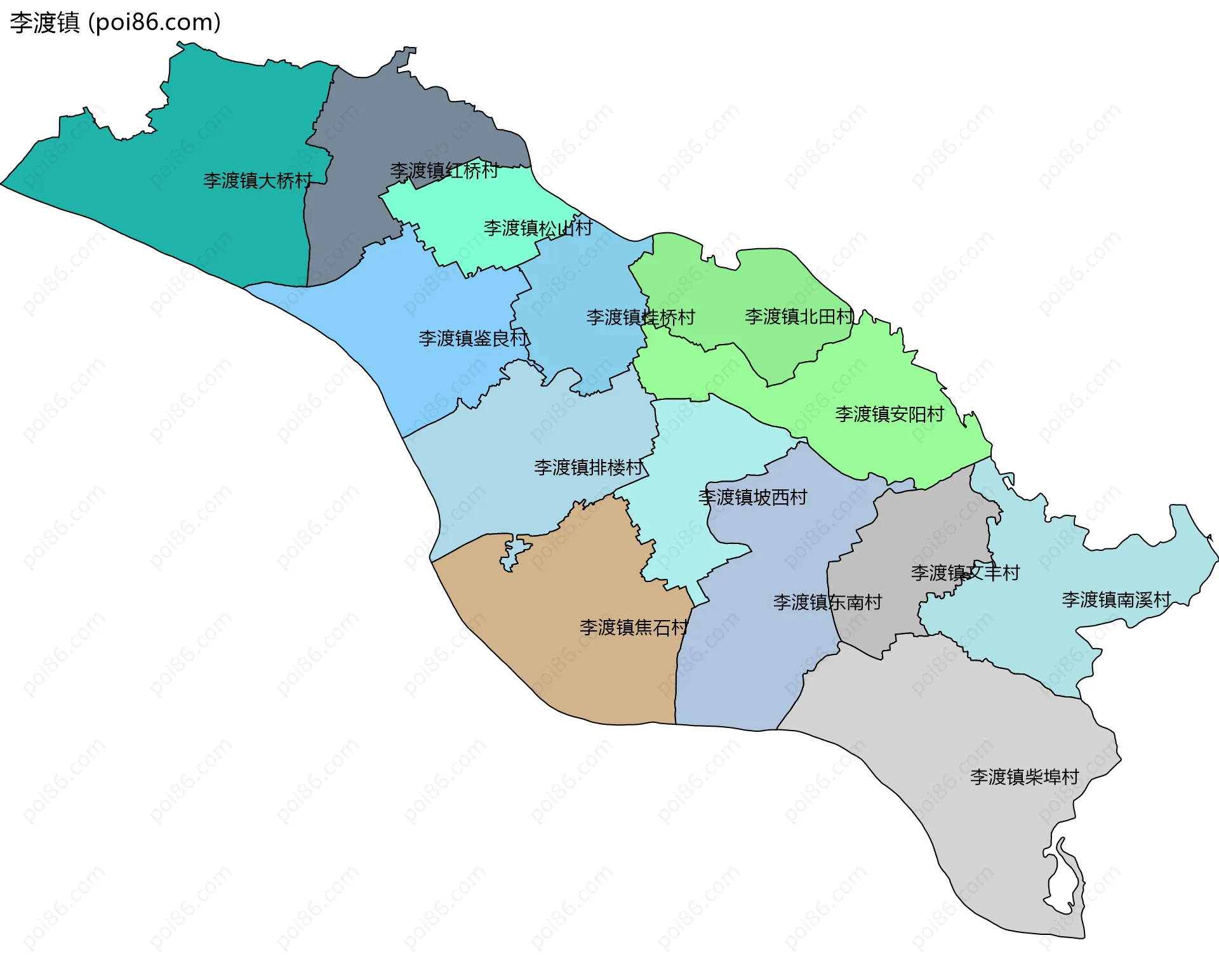 李渡镇边界地图(五级行政区划)