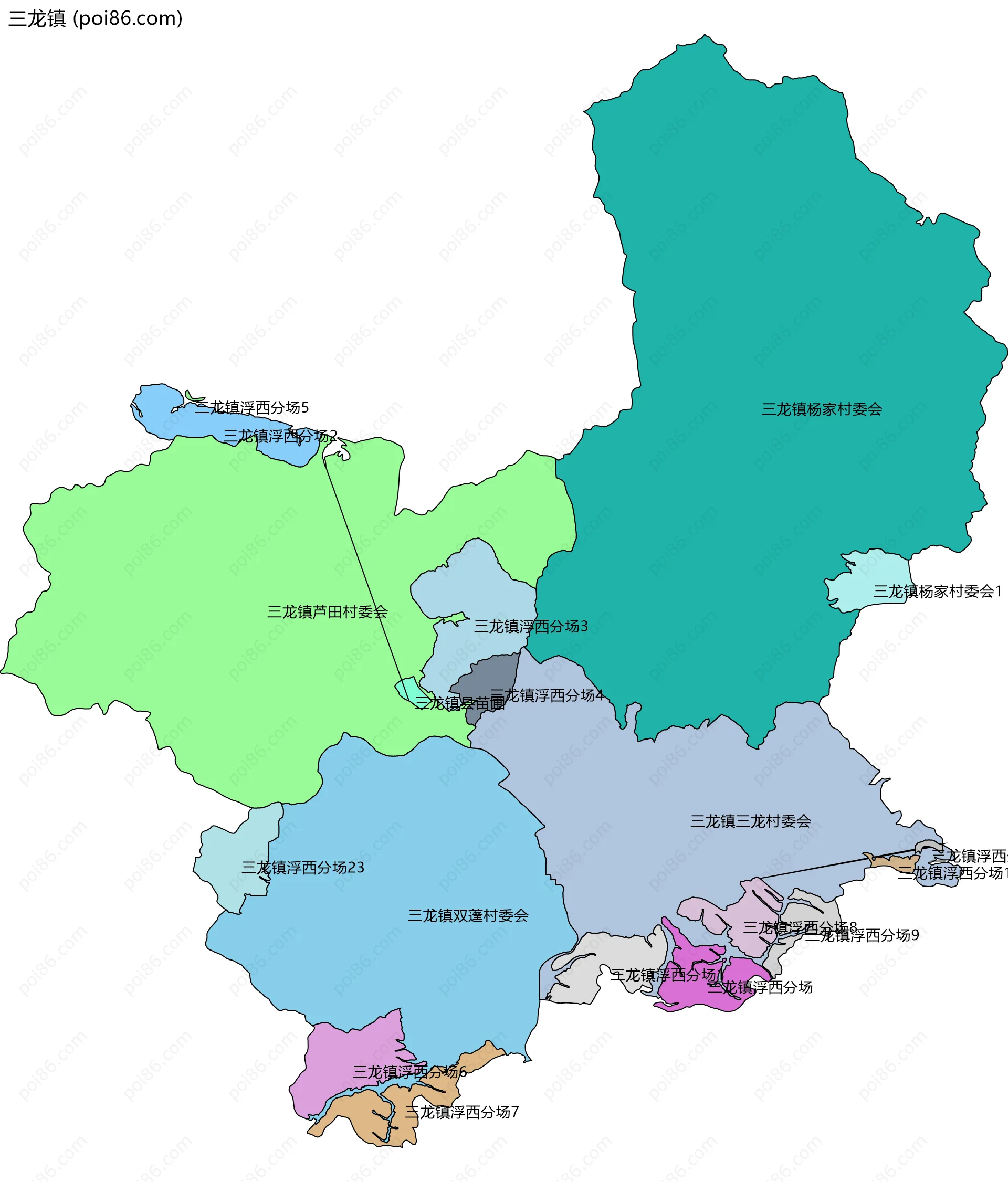 三龙镇边界地图(五级行政区划)