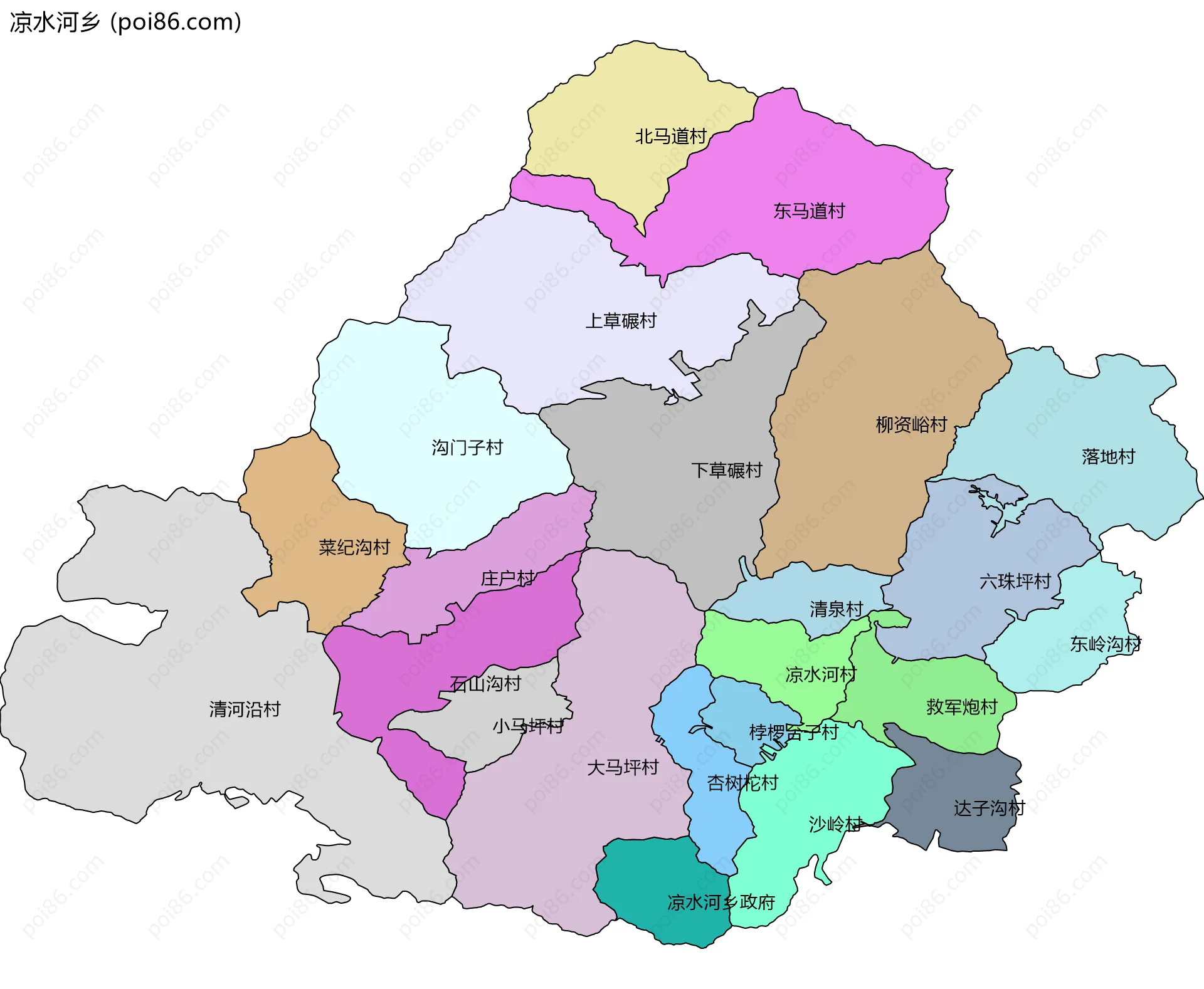 凉水河乡边界地图(五级行政区划)