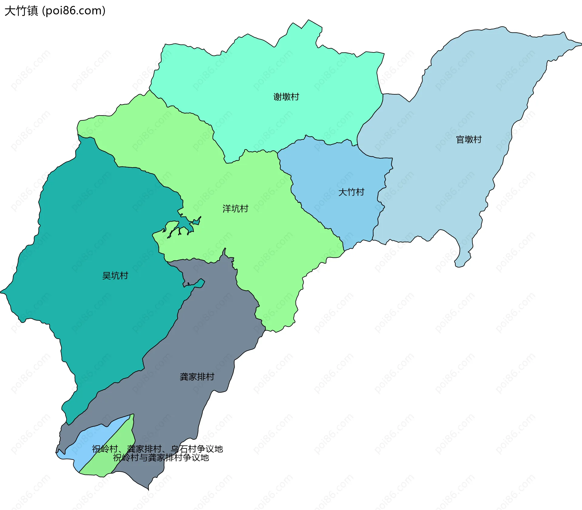 大竹镇边界地图(五级行政区划)