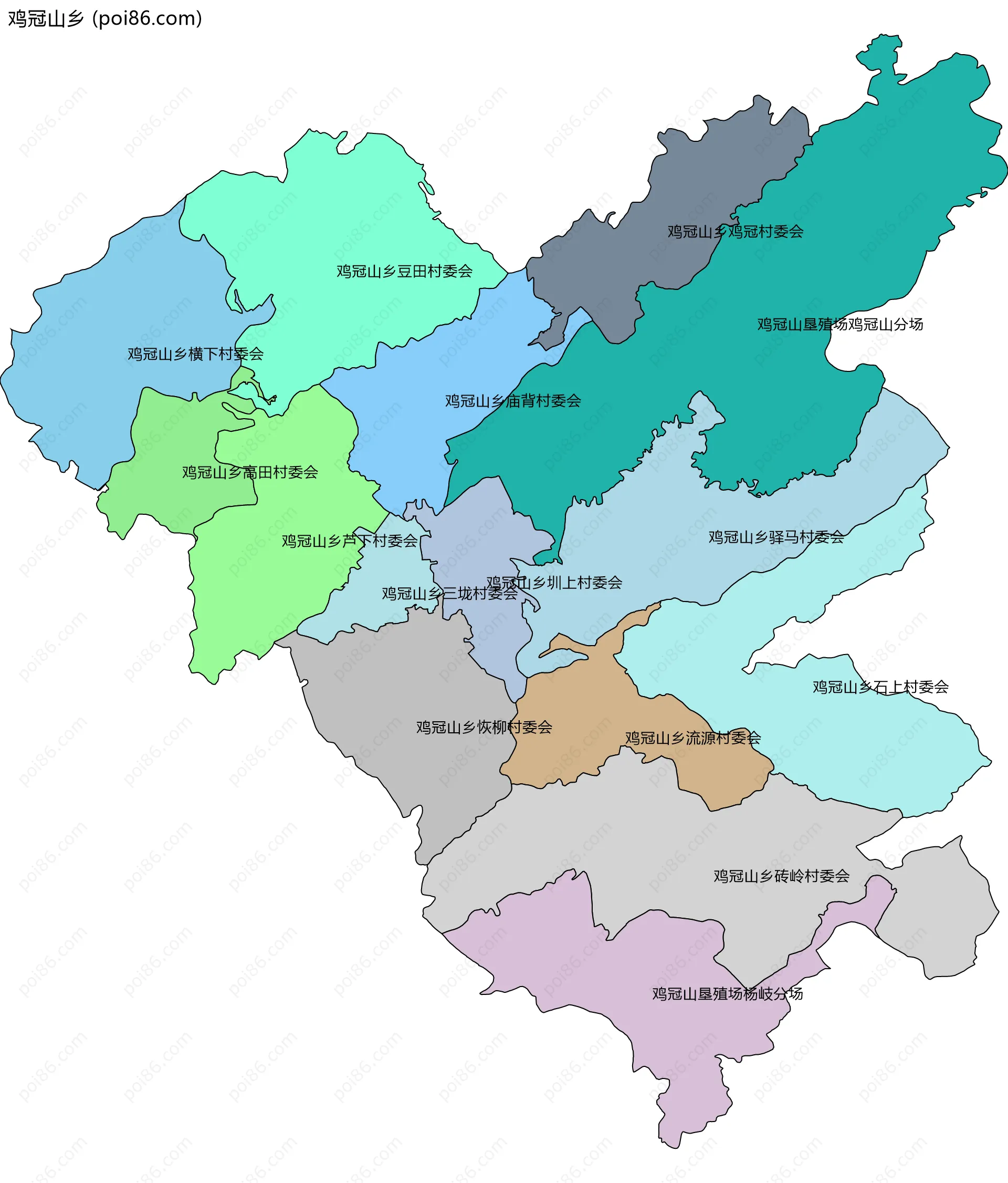 鸡冠山乡边界地图(五级行政区划)