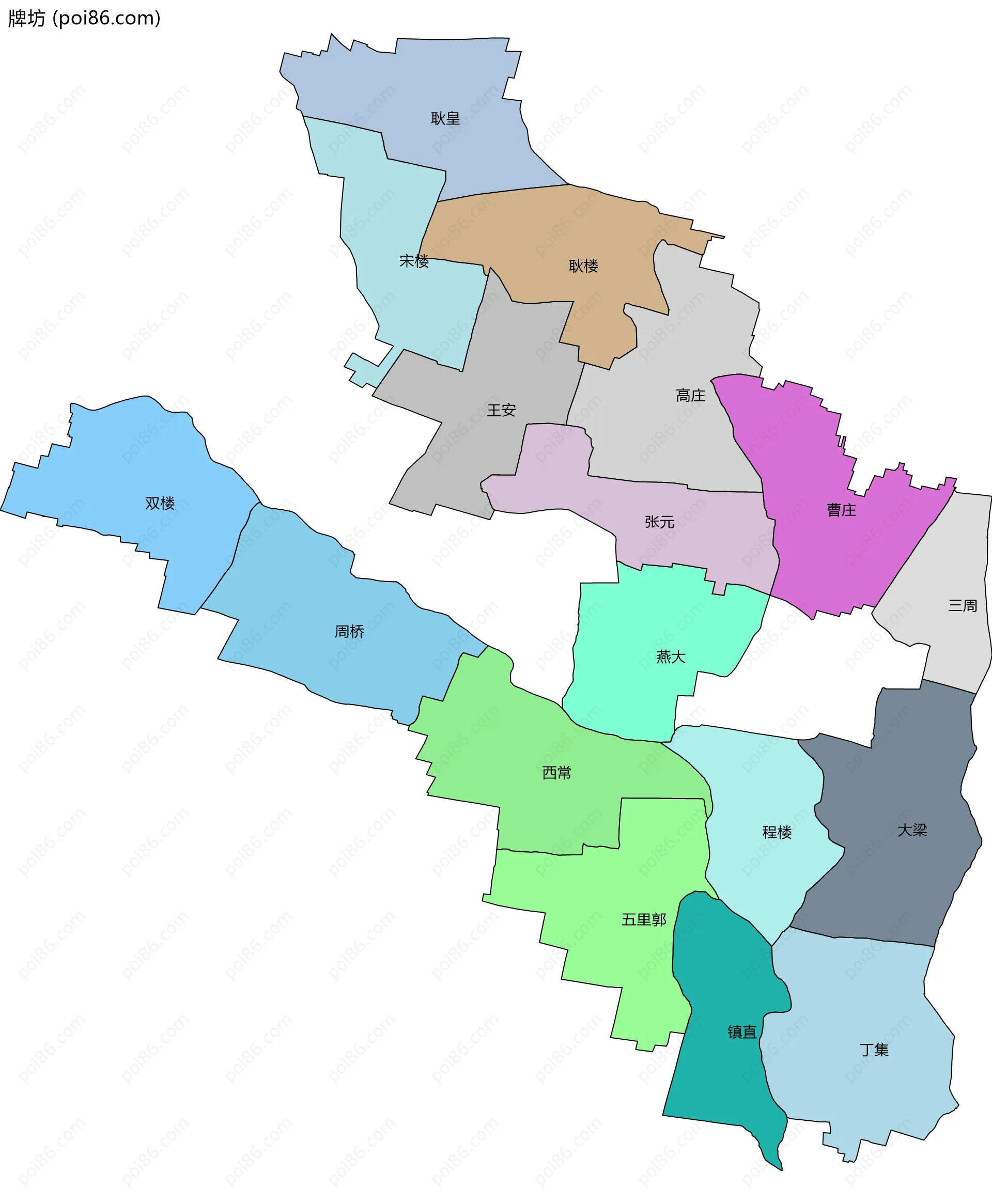 牌坊边界地图(五级行政区划)