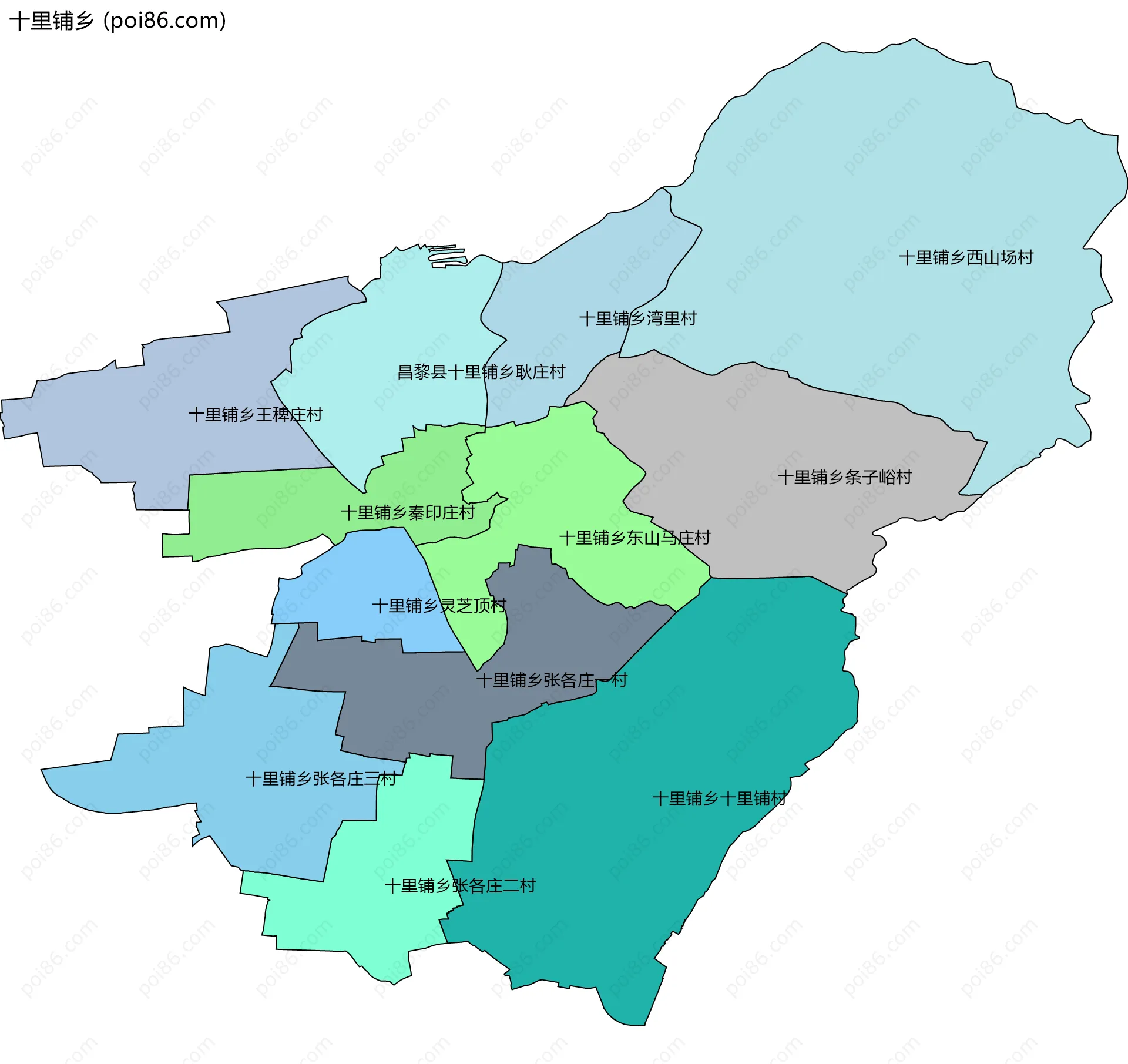 十里铺乡边界地图(五级行政区划)