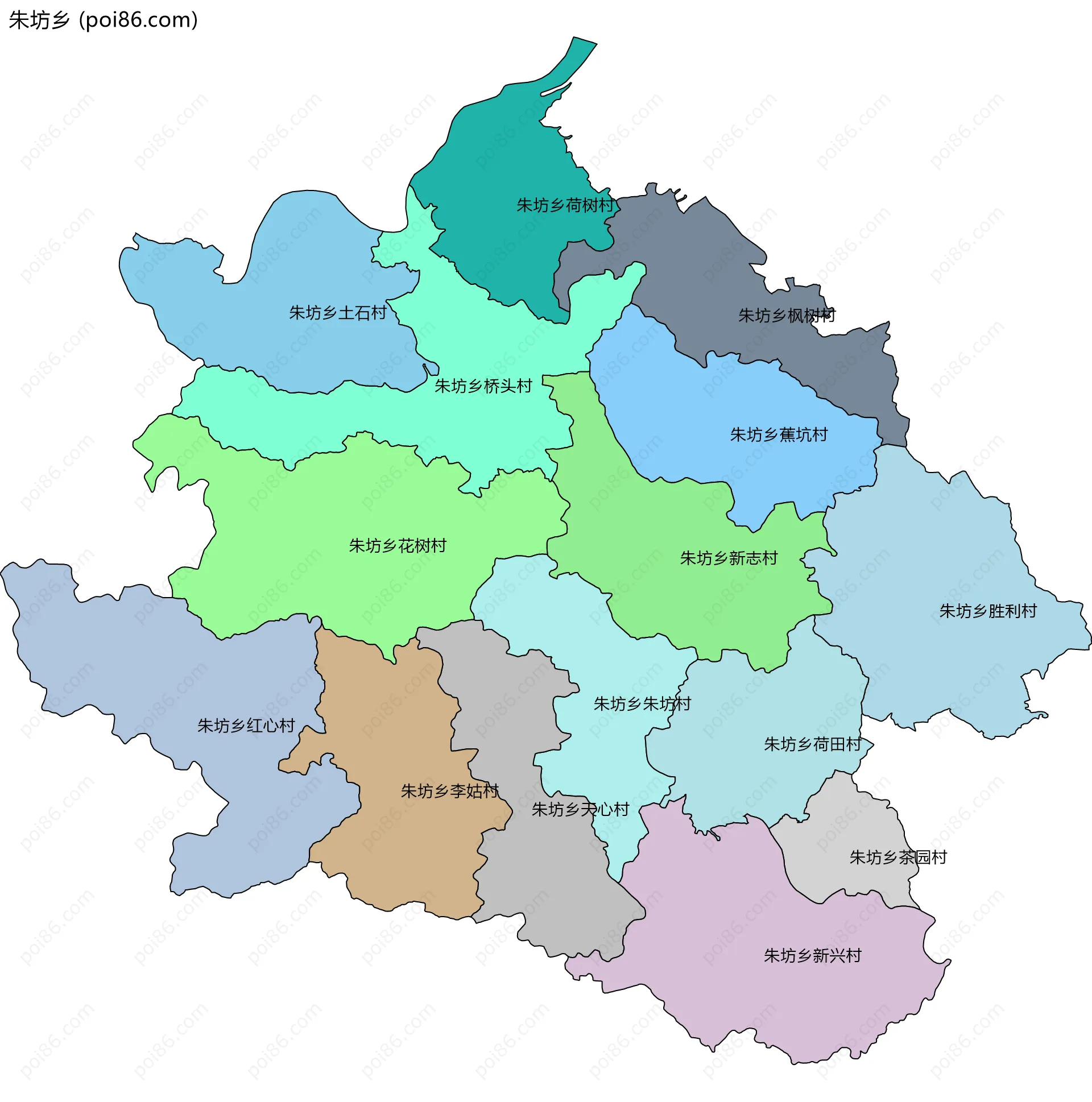 朱坊乡边界地图(五级行政区划)