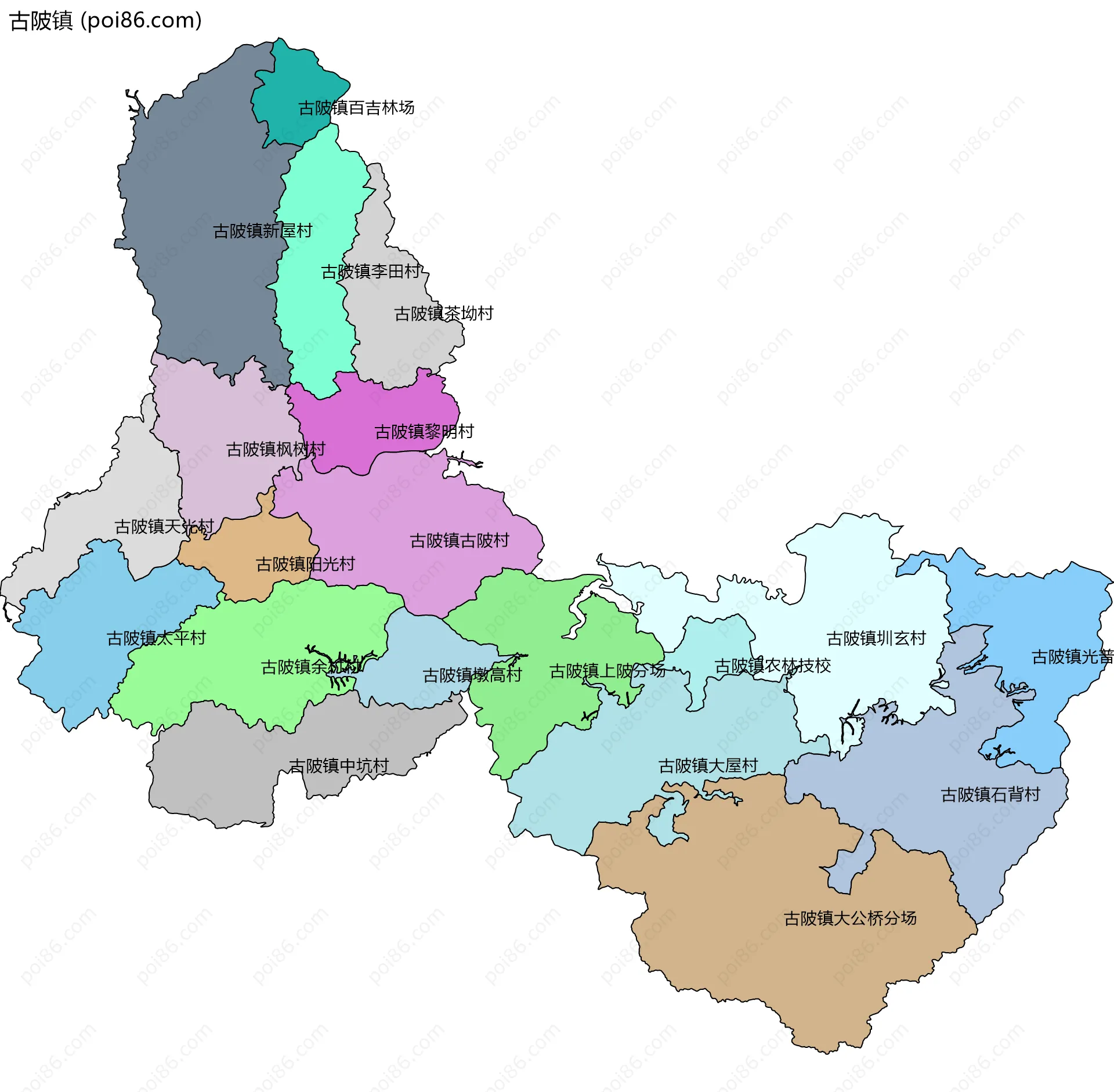 古陂镇边界地图(五级行政区划)