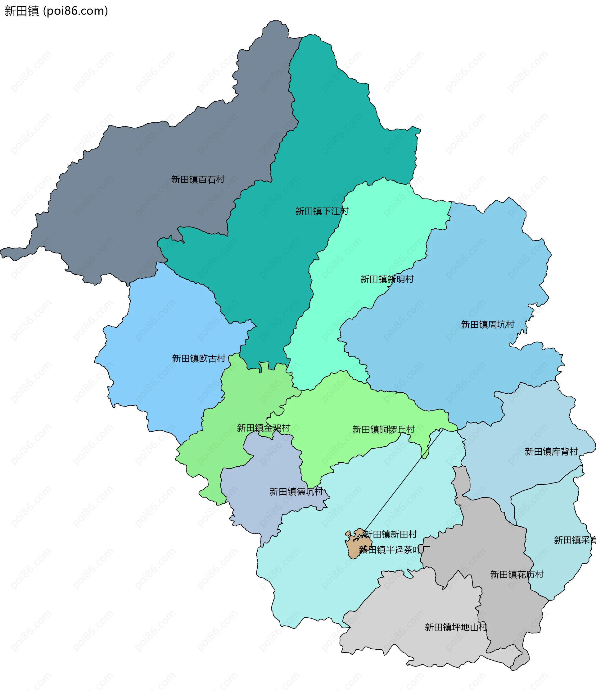 新田镇边界地图(五级行政区划)