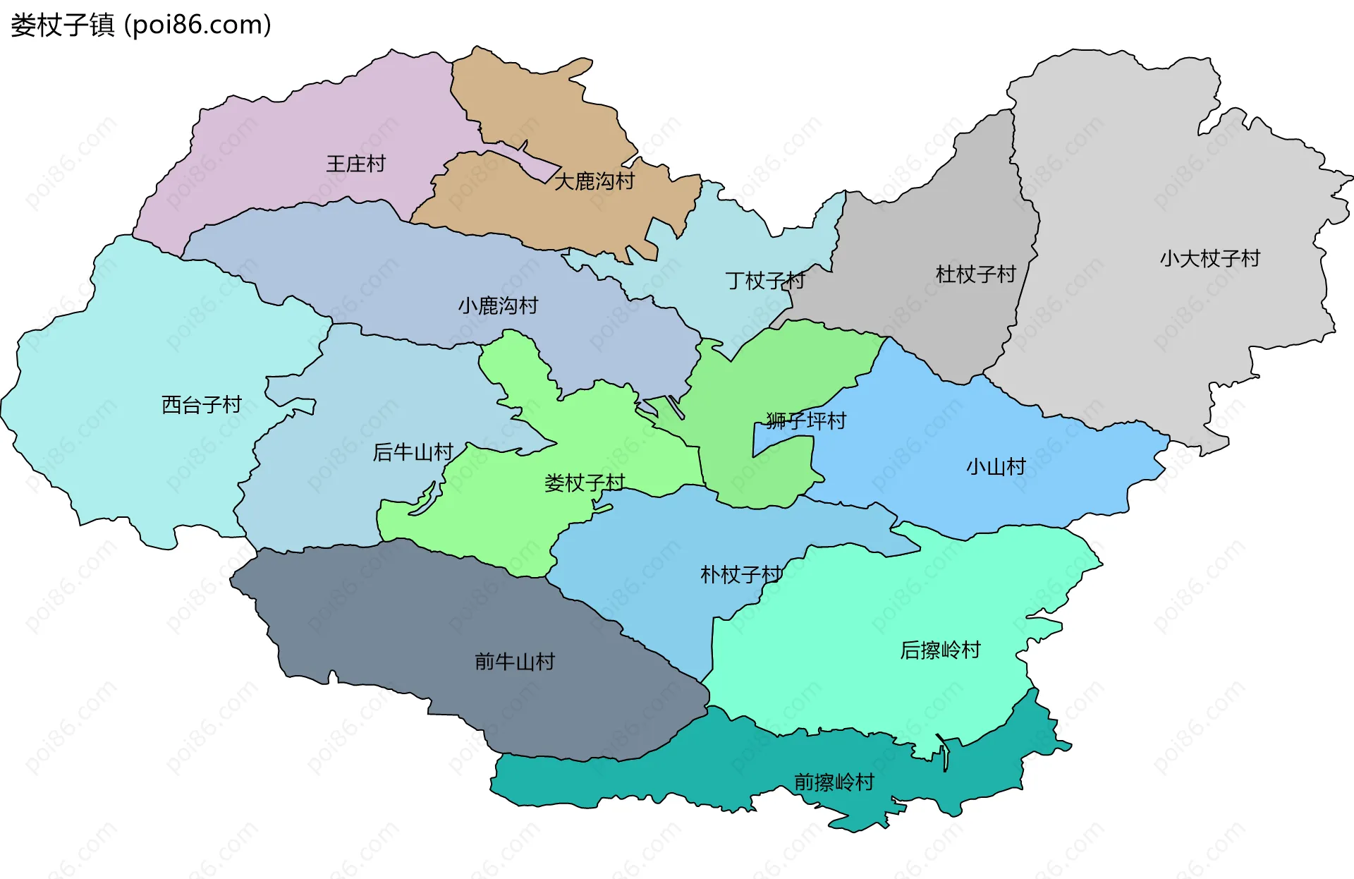 娄杖子镇边界地图(五级行政区划)