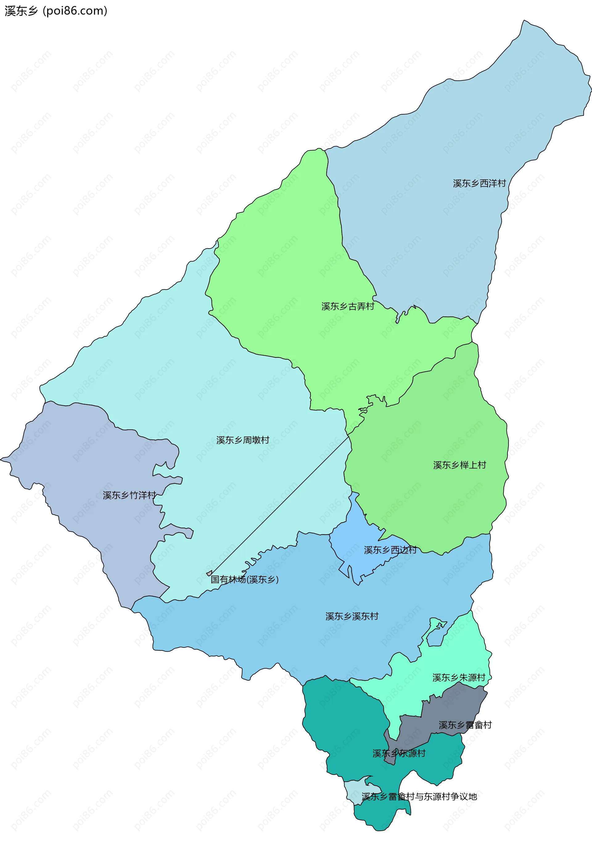 溪东乡边界地图(五级行政区划)