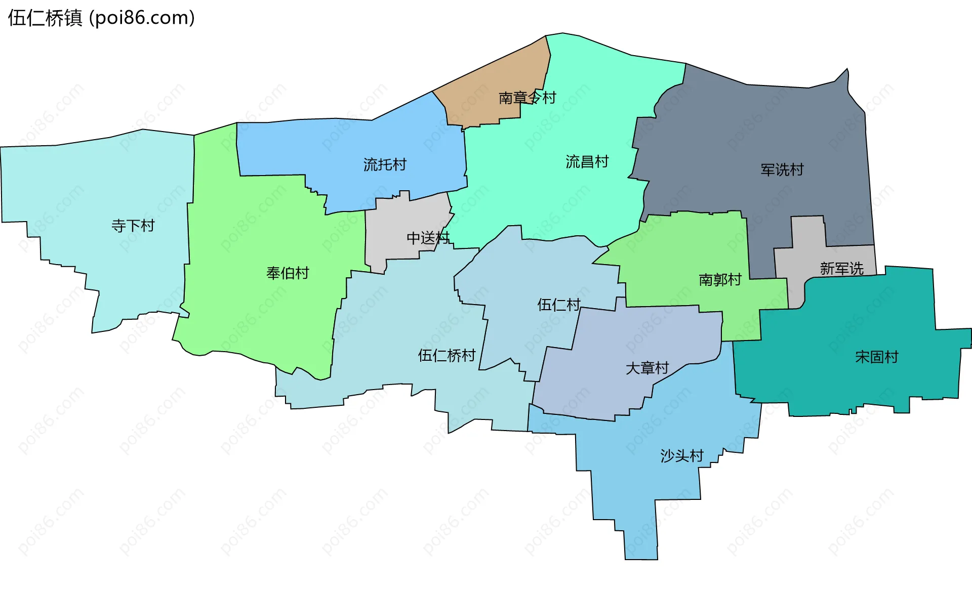伍仁桥镇边界地图(五级行政区划)