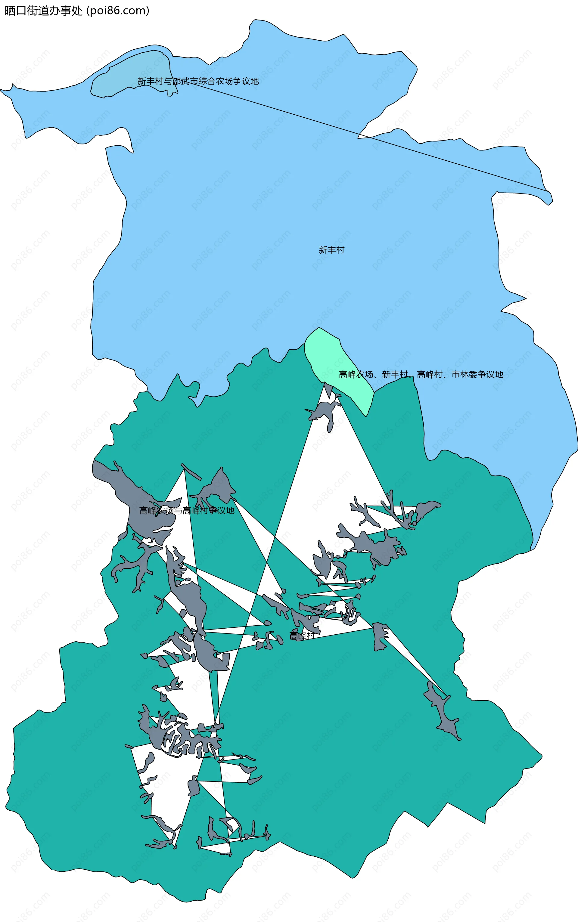 晒口街道办事处边界地图(五级行政区划)