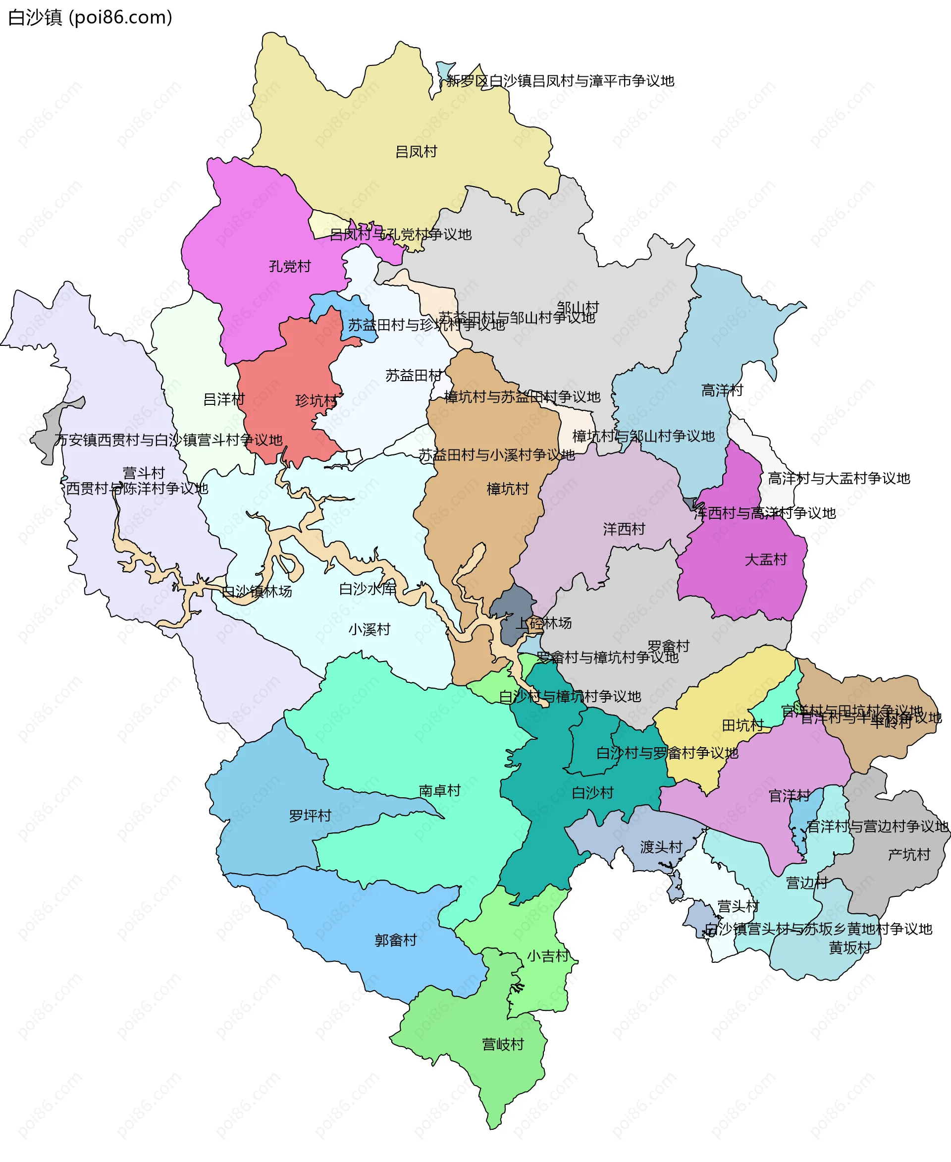 白沙镇边界地图(五级行政区划)