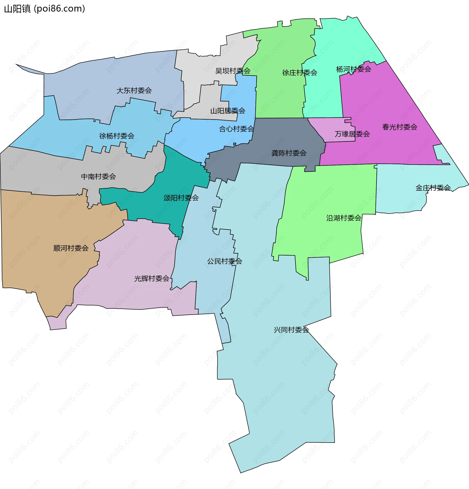山阳镇边界地图(五级行政区划)