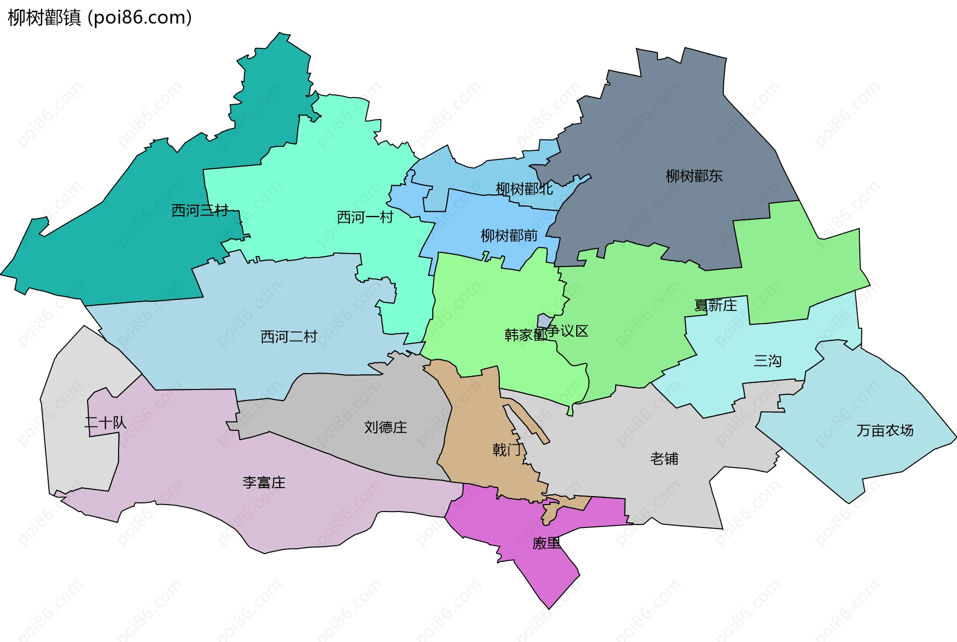 柳树酄镇边界地图(五级行政区划)