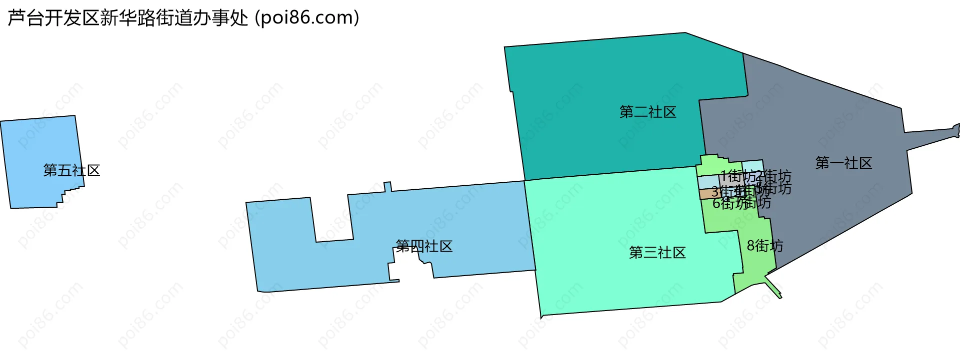 芦台开发区新华路街道办事处边界地图(五级行政区划)