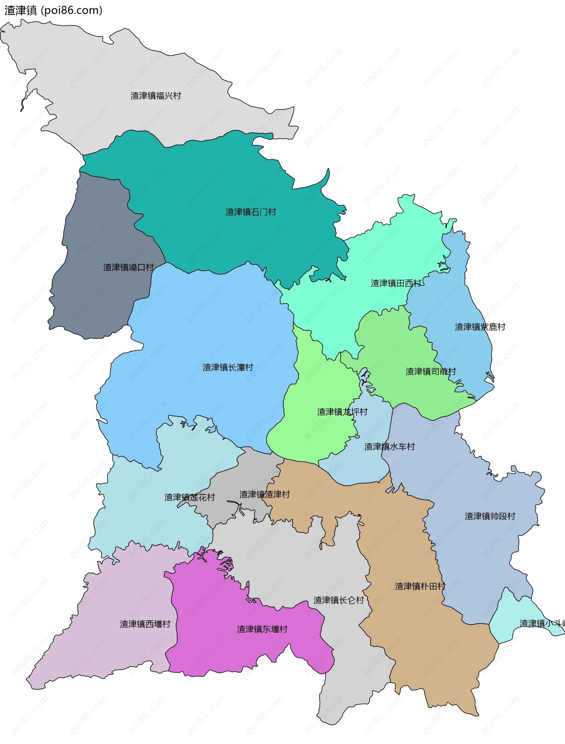 渣津镇边界地图(五级行政区划)