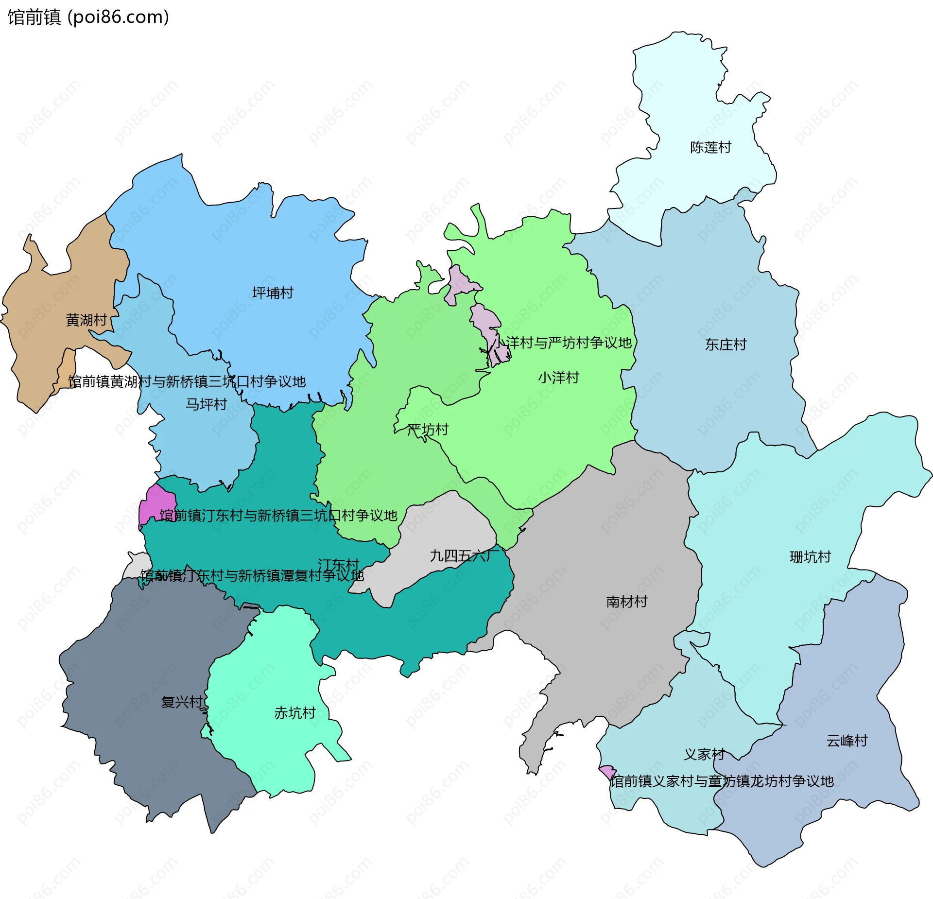 馆前镇边界地图(五级行政区划)