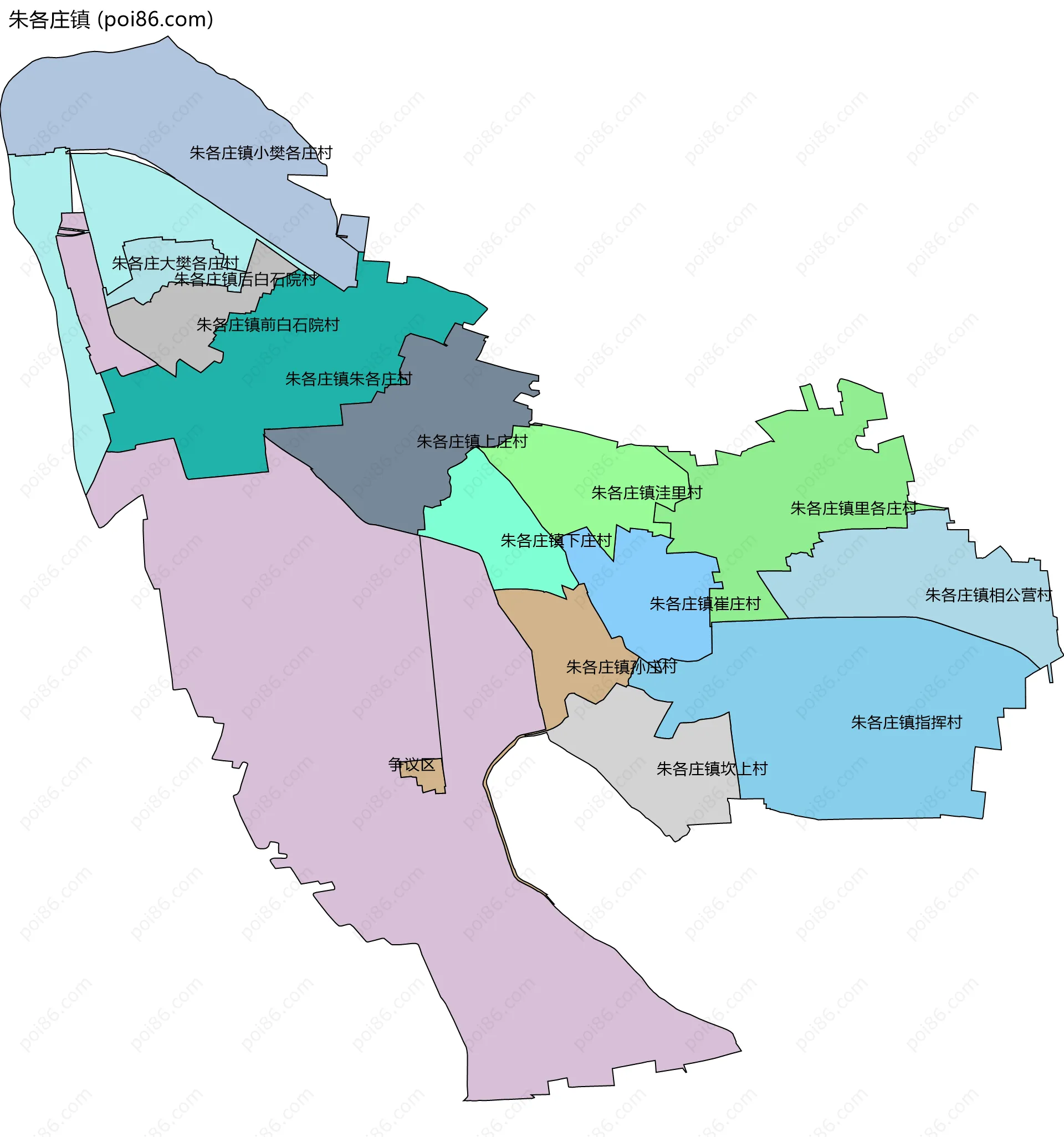 朱各庄镇边界地图(五级行政区划)