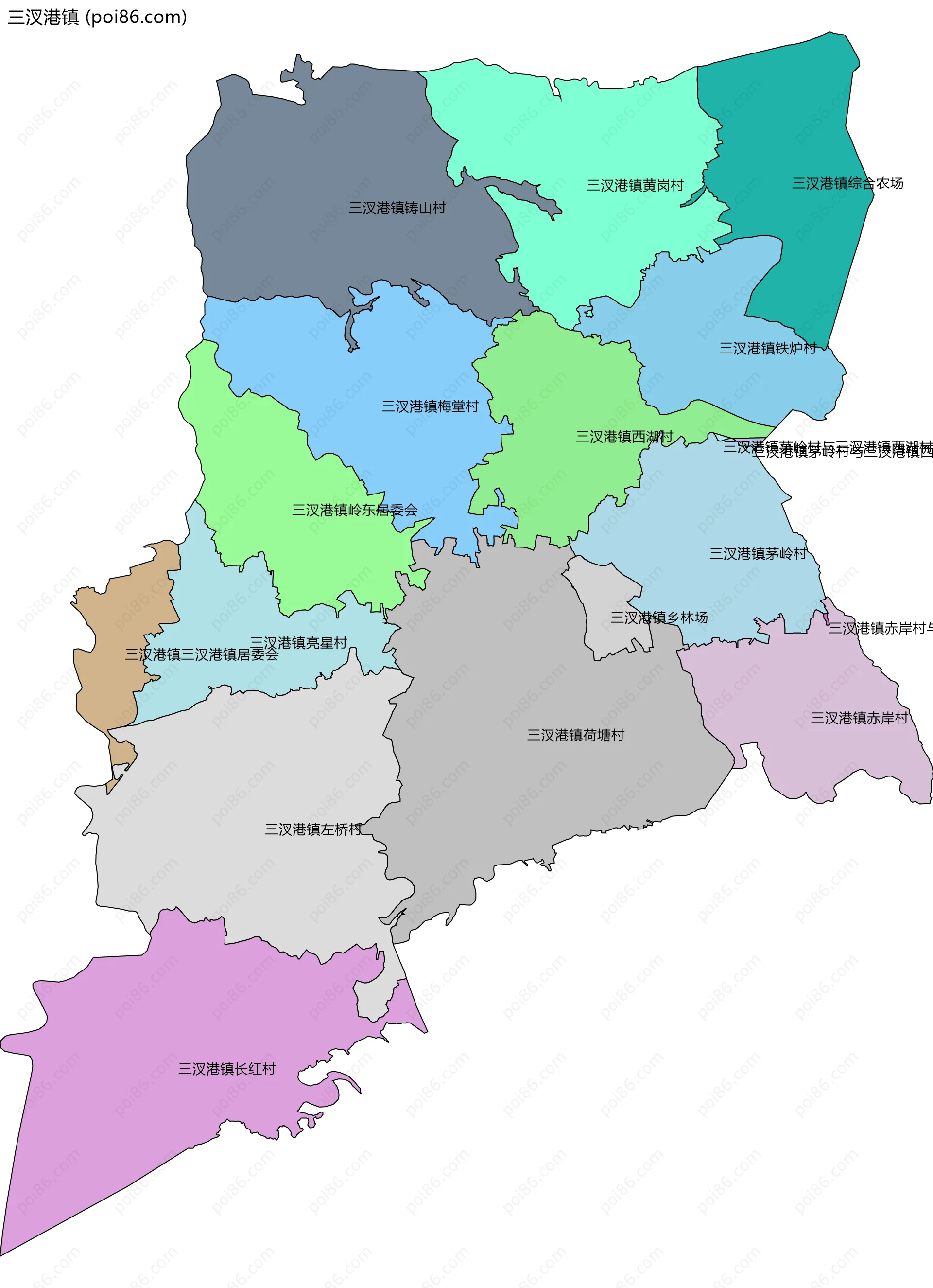 三汊港镇边界地图(五级行政区划)