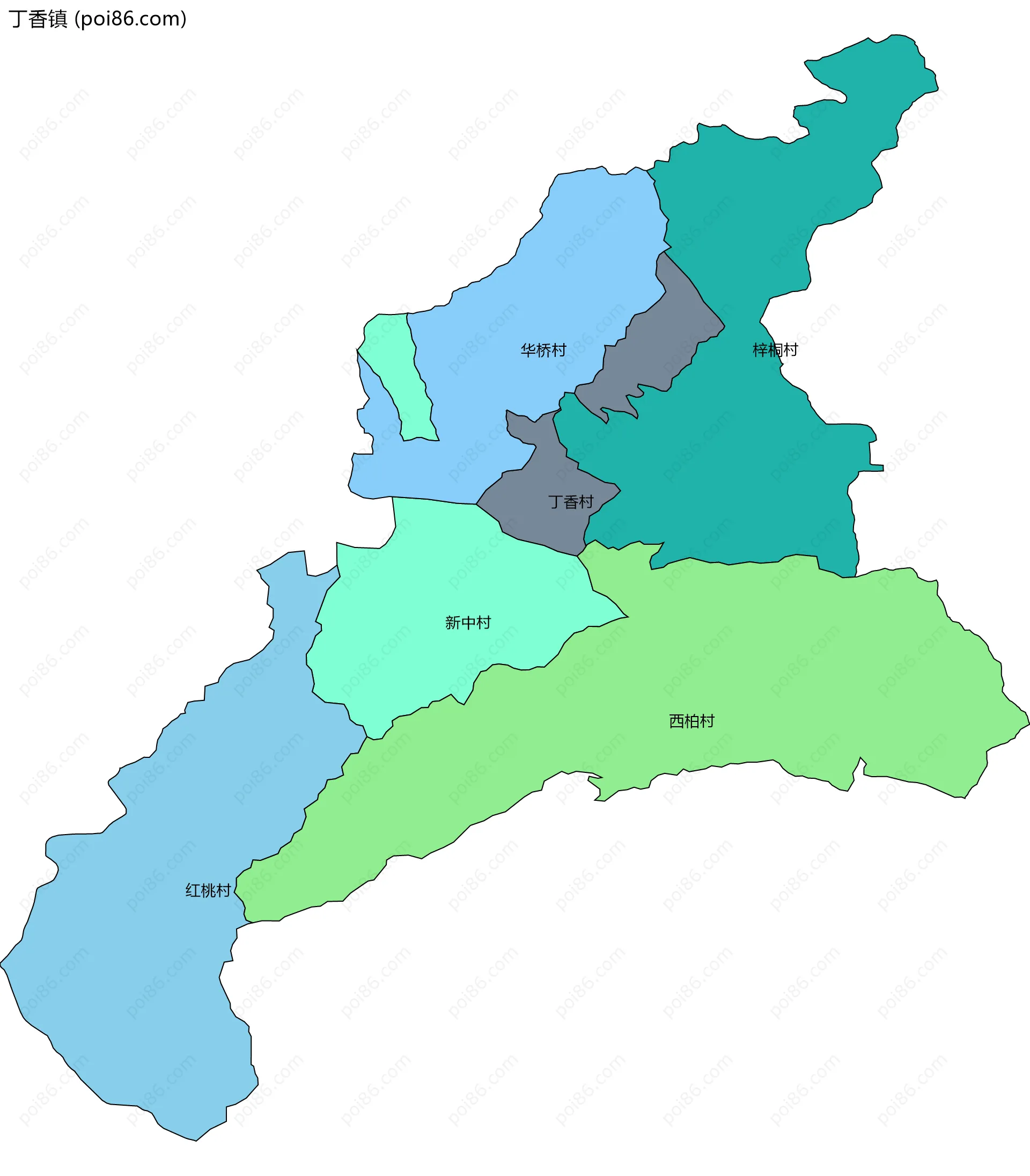 丁香镇边界地图(五级行政区划)