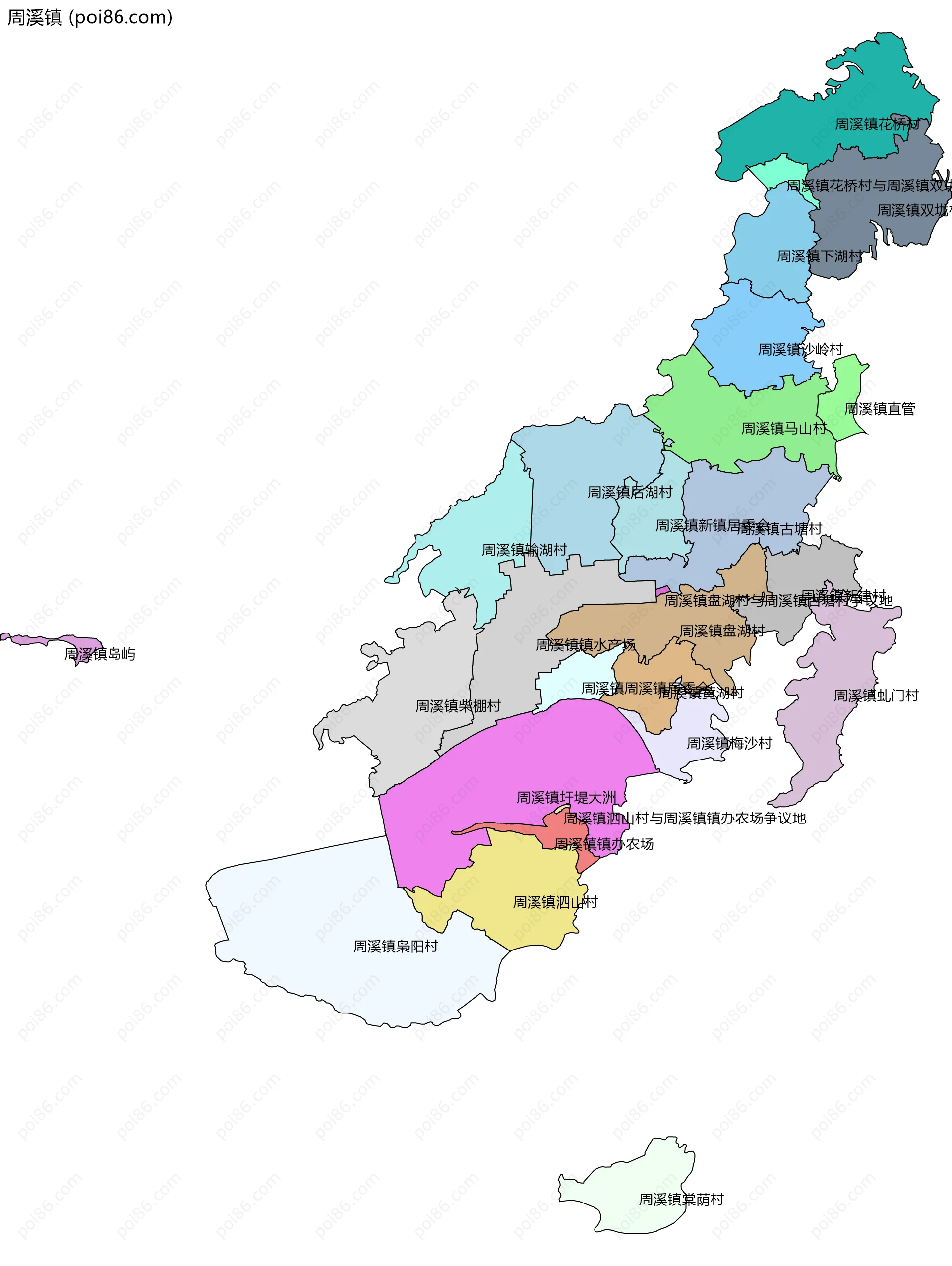 周溪镇边界地图(五级行政区划)