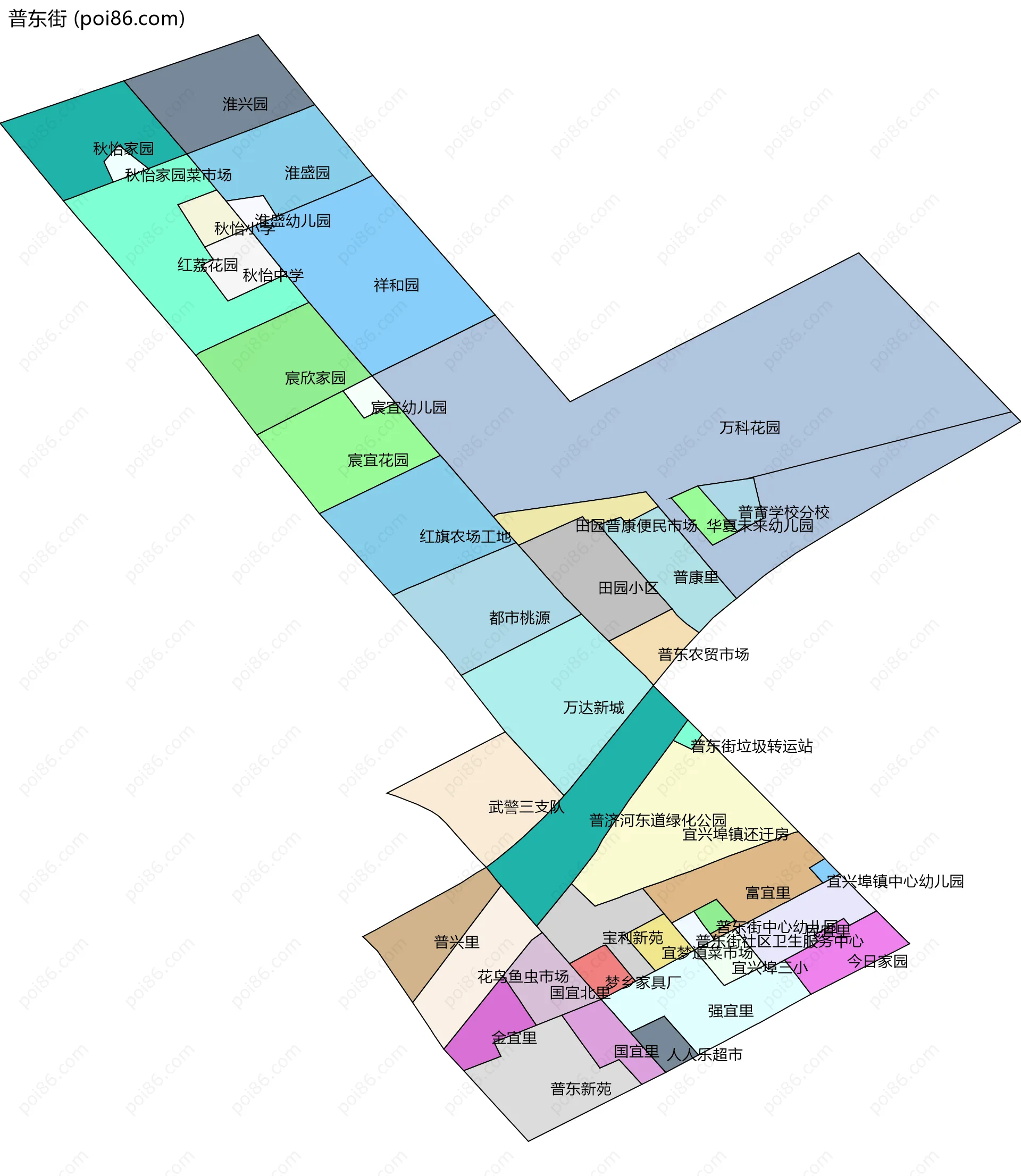 普东街边界地图(五级行政区划)
