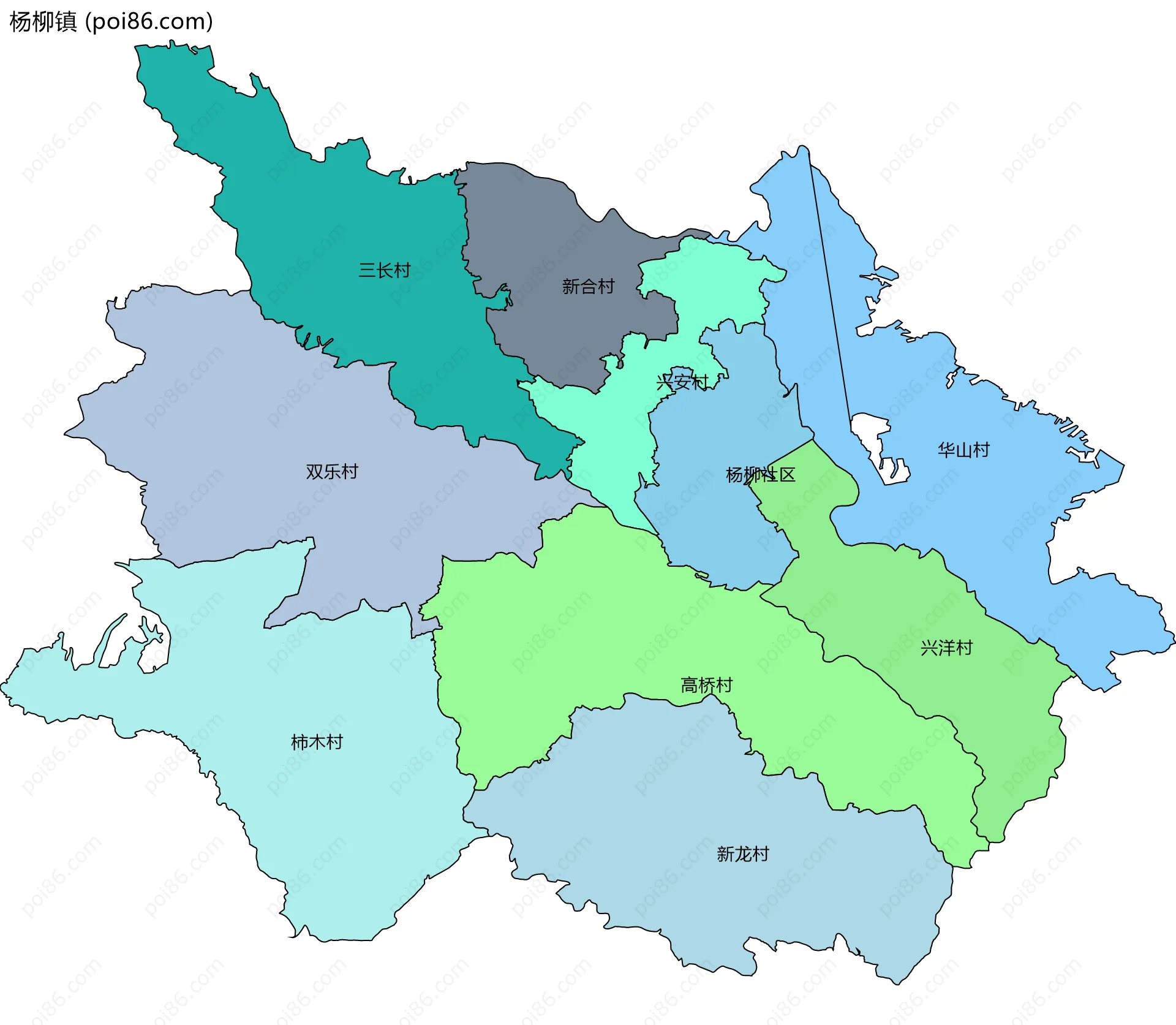 杨柳镇边界地图(五级行政区划)