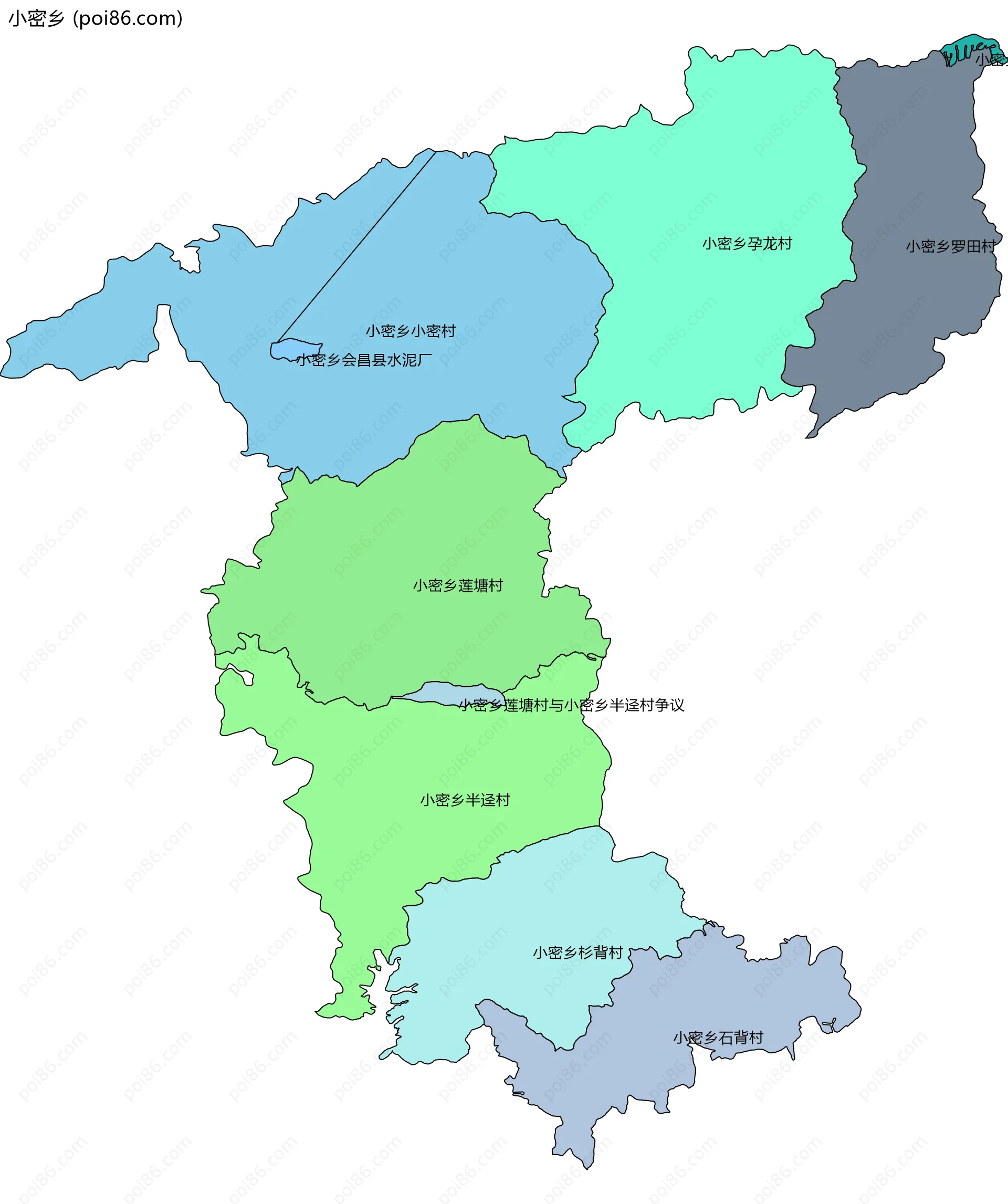 小密乡边界地图(五级行政区划)