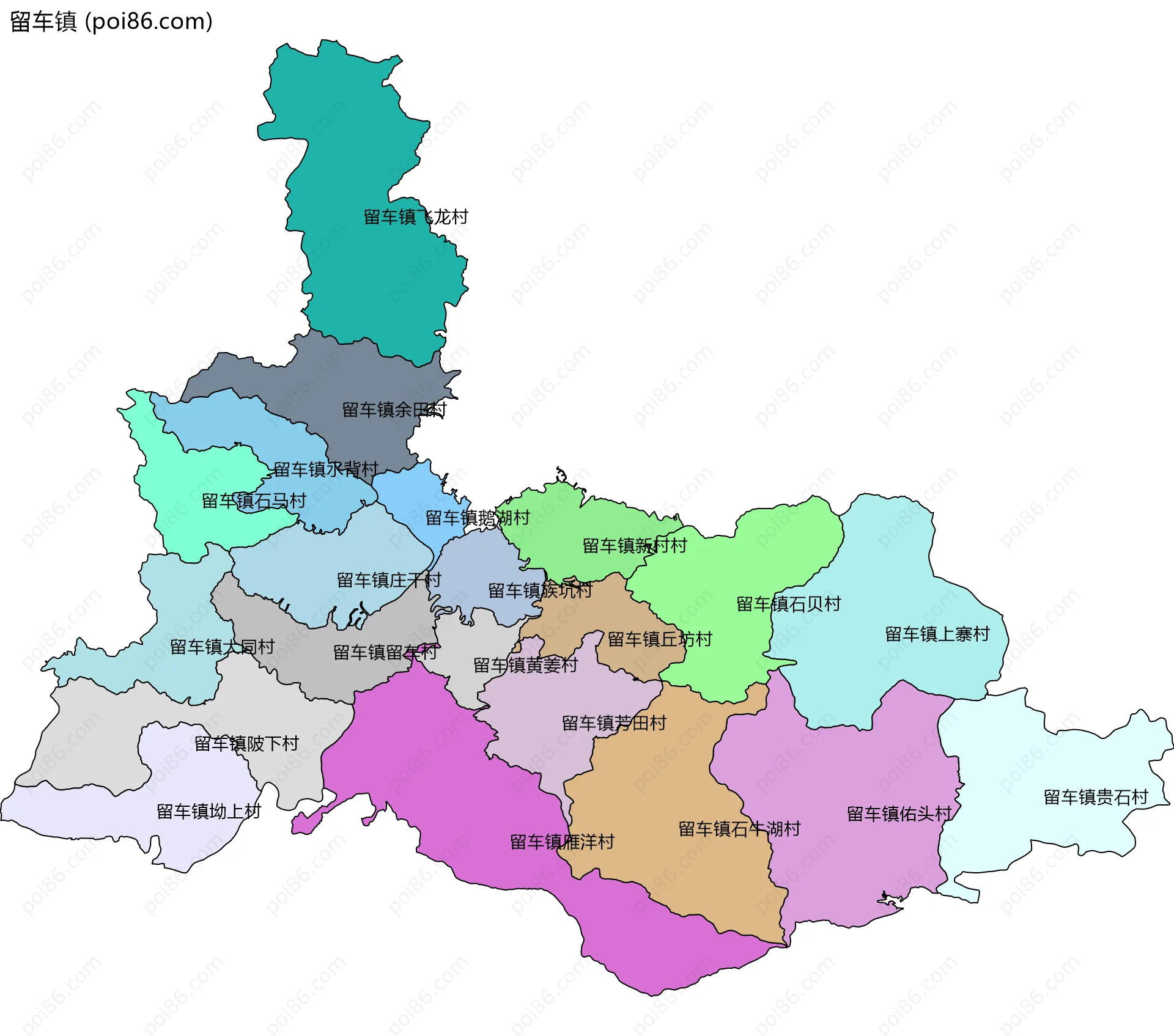 留车镇边界地图(五级行政区划)