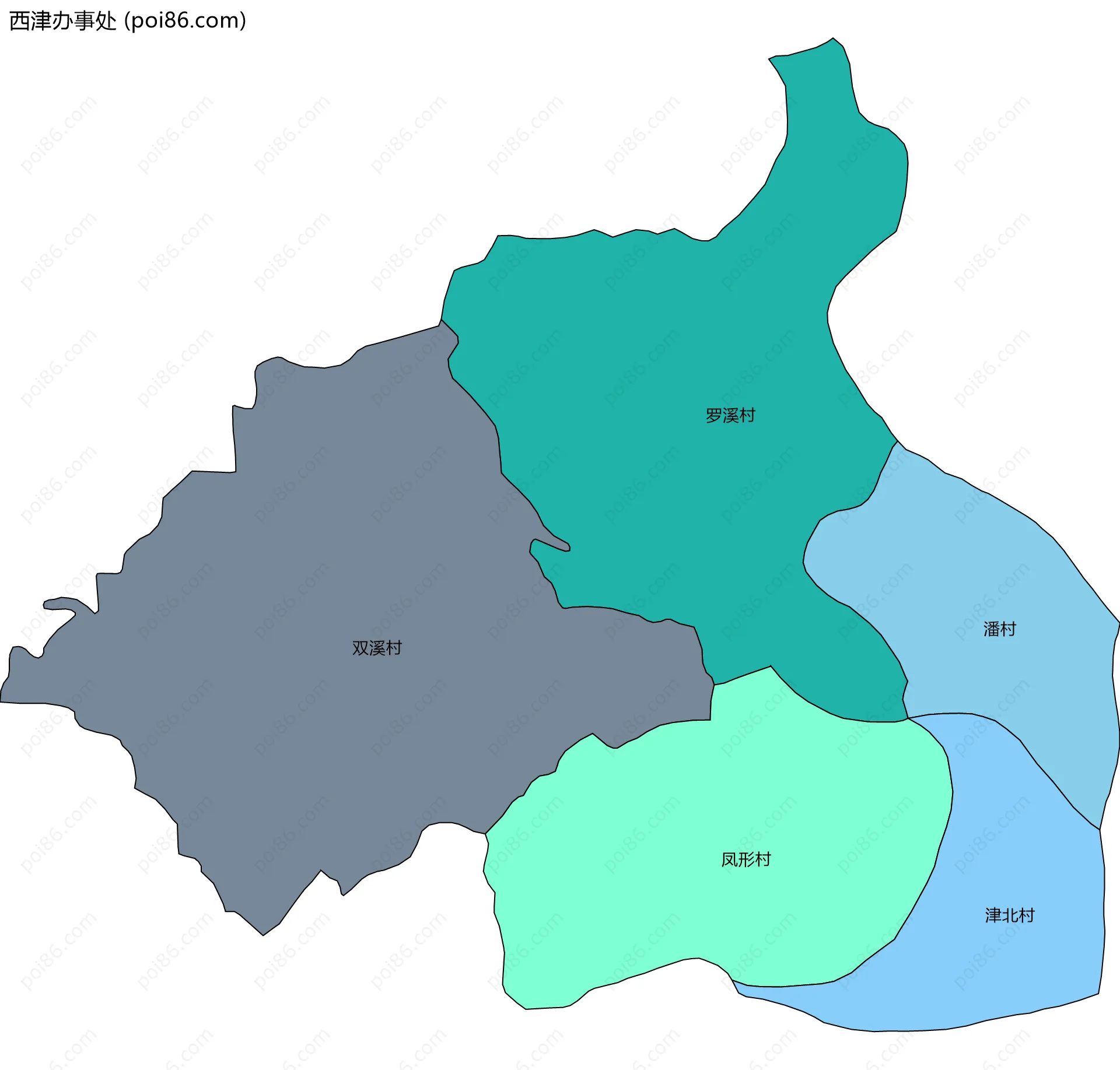 西津办事处边界地图(五级行政区划)