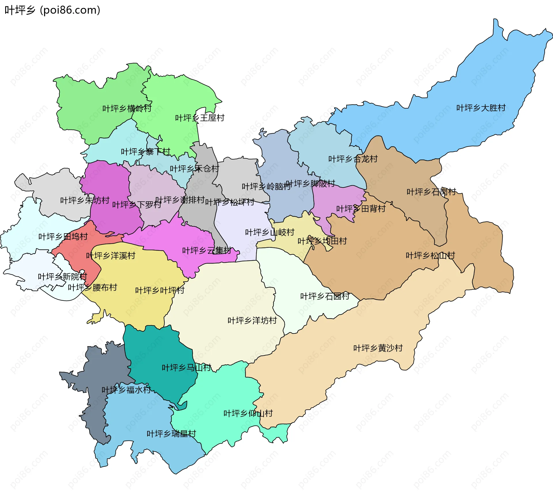 叶坪乡边界地图(五级行政区划)